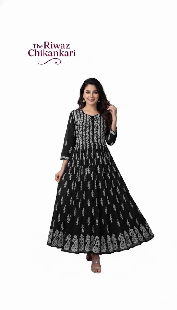 Black Chikankari Long Kurti for Women | Elegant Embroidered Georgette Dress