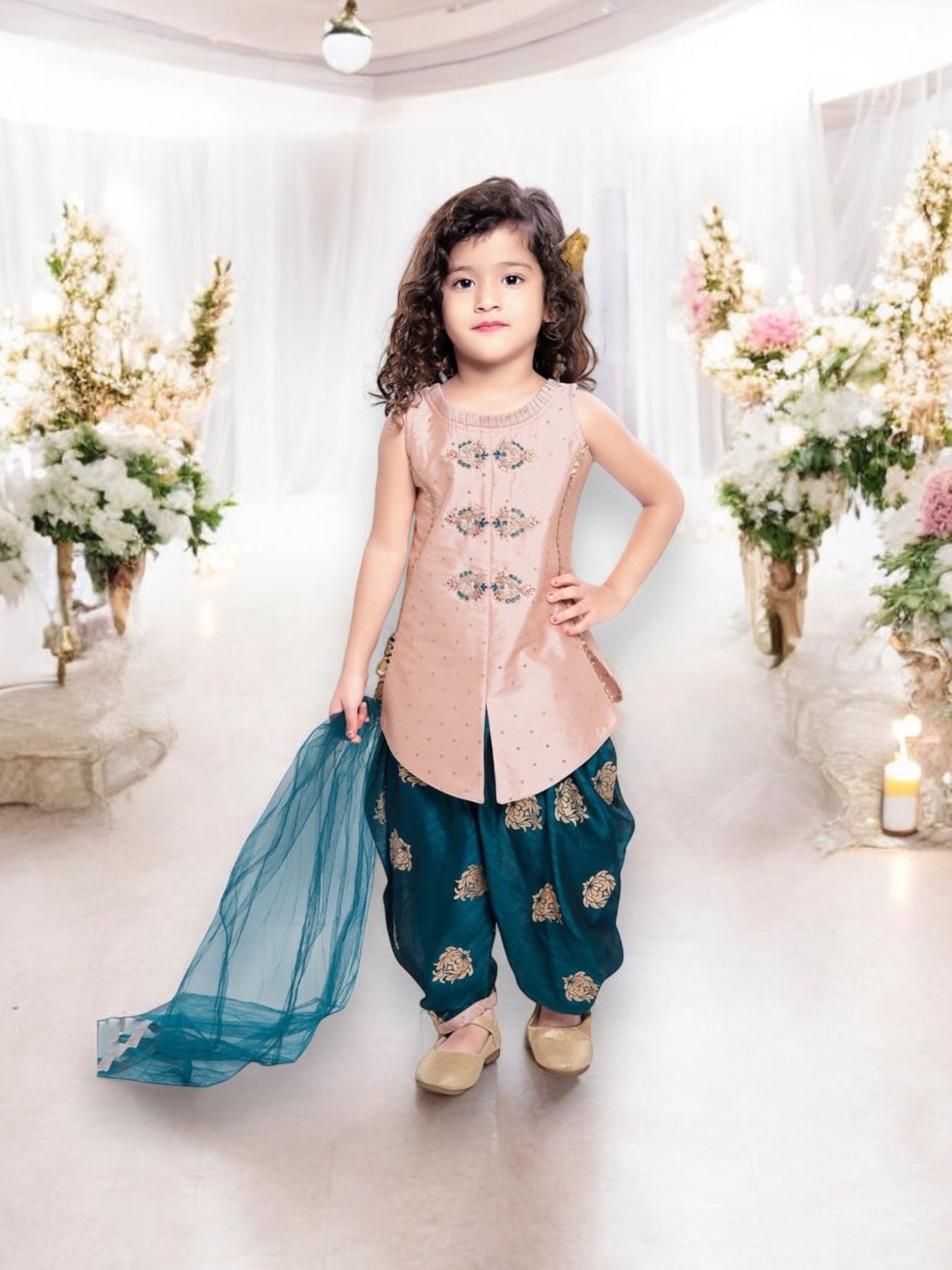 Radiant Rose Gold: Girls’ Traditional Panjabi Style Patiyala Suit- Ethnic Wear f