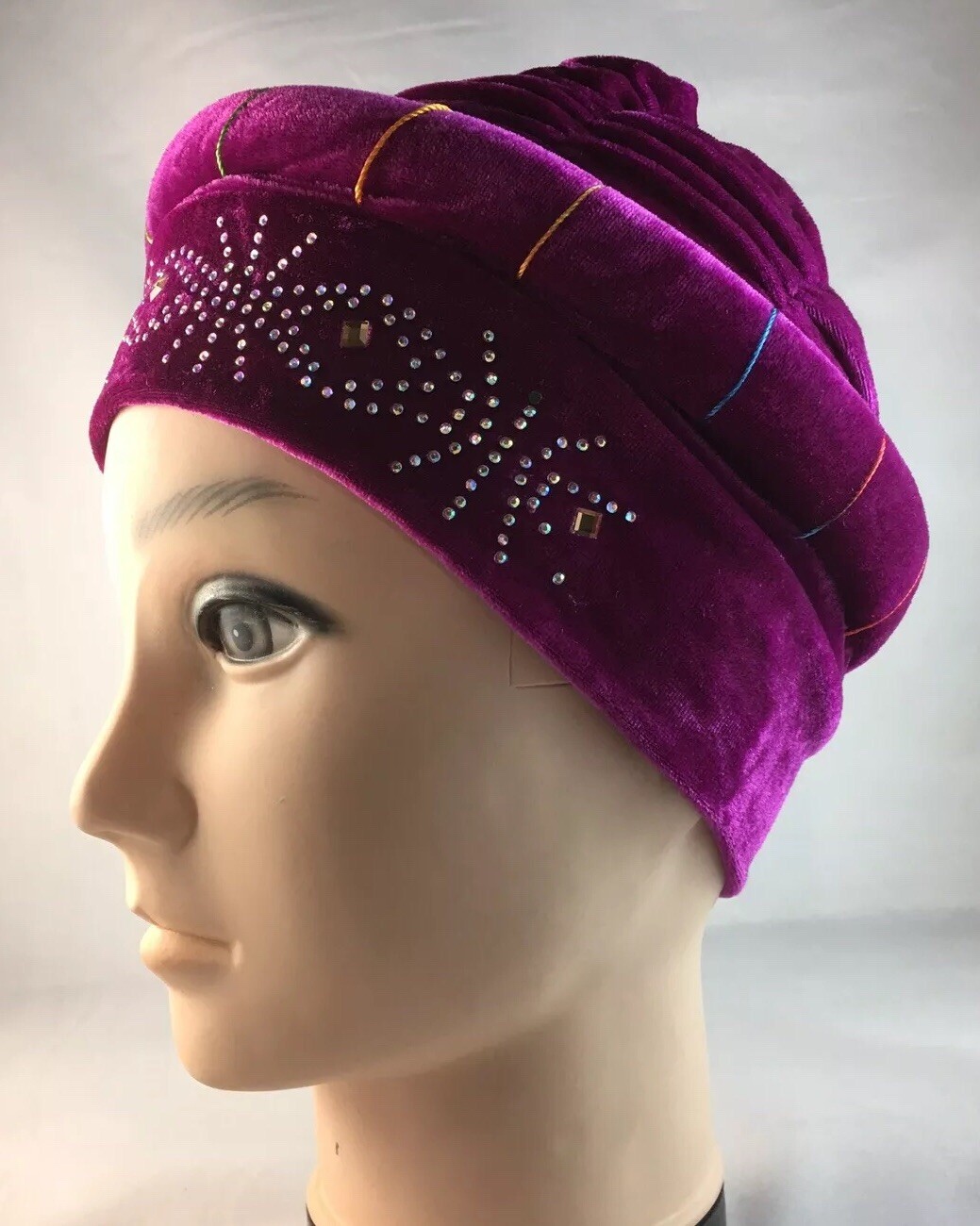 African Women Velvet Spandex Stretch Turban Hat Ladies Head Piece ~ fuchsia Pink