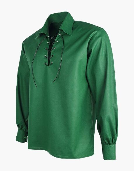 Men’s Green Scottish Jacobite Ghillie Kilt Highland Shirt Long Sleeve Lace Up