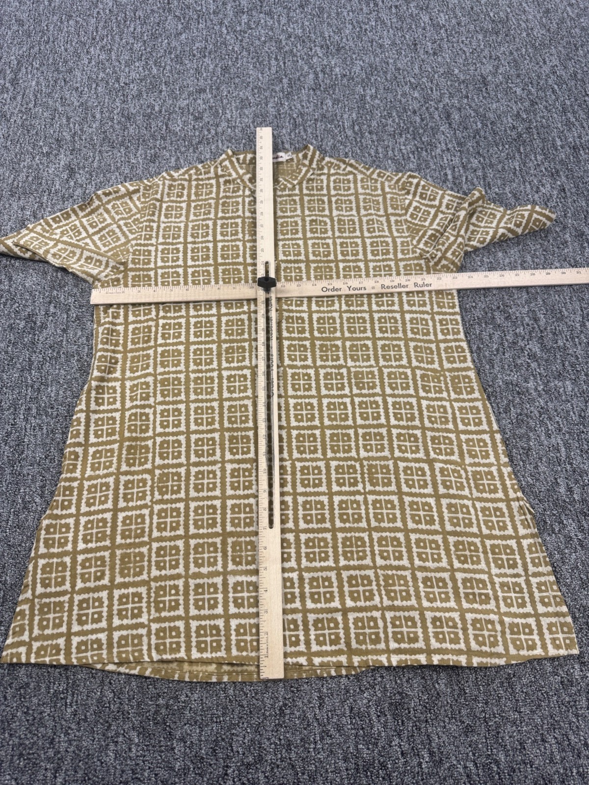 Fabindia Shirt Men 40 Large Olive Green Geometric Indian Henley Kurta Tunic Top