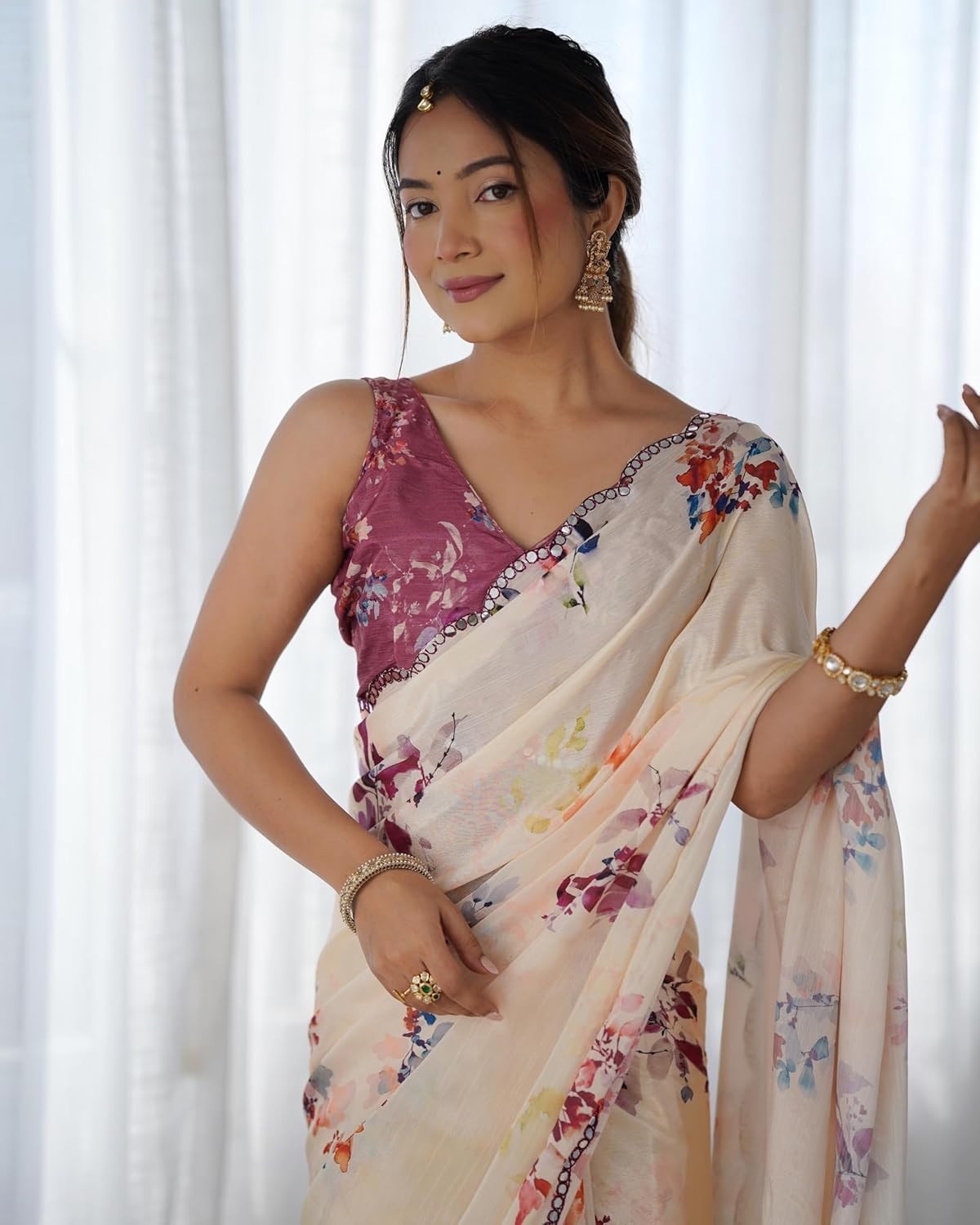 Women’s Chinon Digital Printed Saree with Unstitched Blouse Piece
