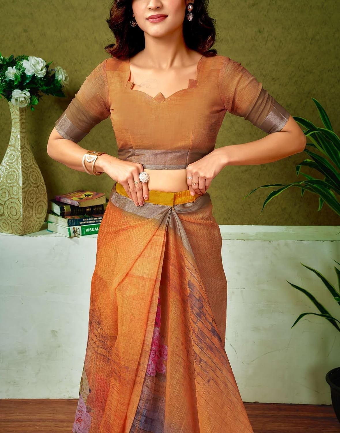 Women’s Cotton Linen Printed 1 Minute Ready to Wear Saree With Unstitched Blouse
