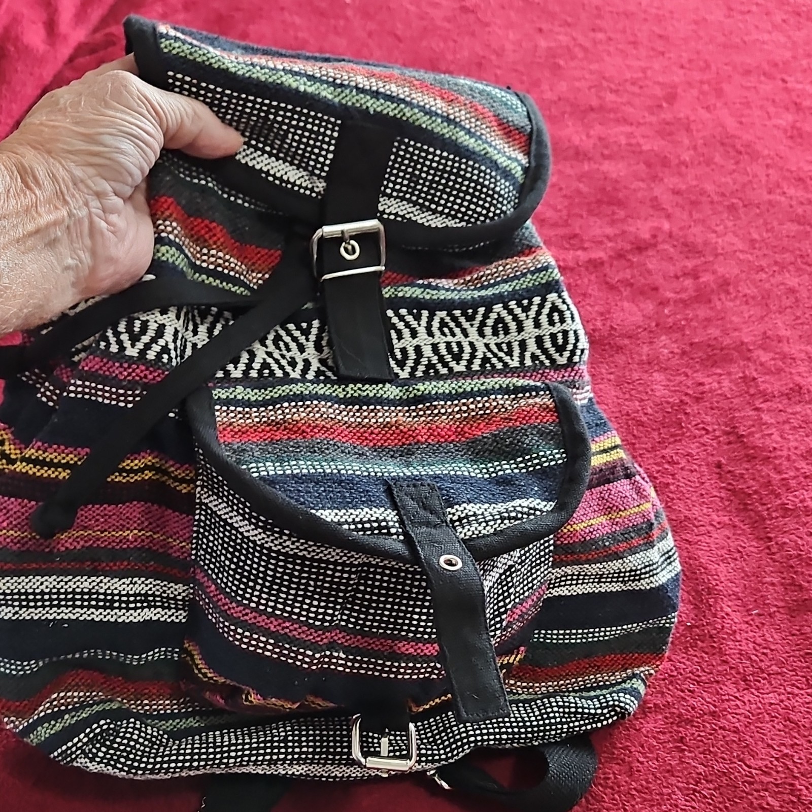 Handmade Multicolor Cotton Latin American Pattern Backpack Adjustable Straps