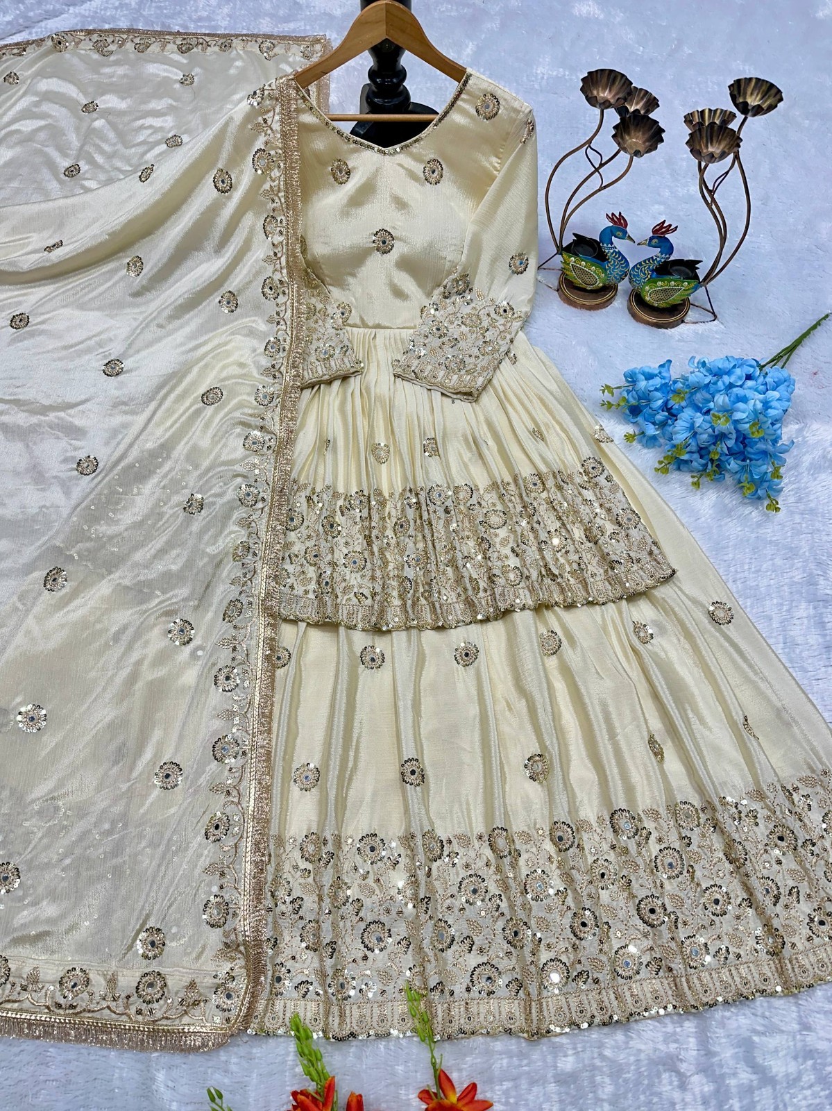 Stunning Look Off White Chinnon Silk Top Lehenga With Dupatta For Women