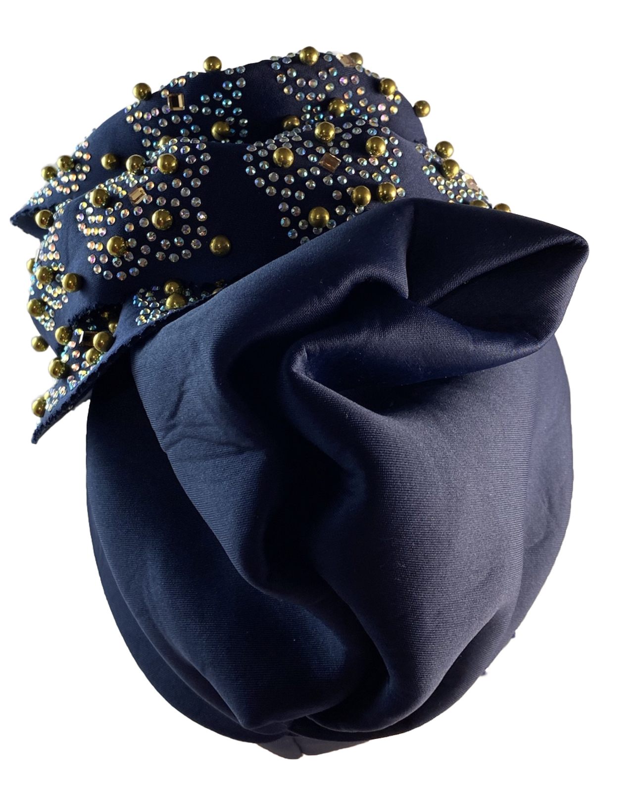 African Women Spandex Ornate Stretch Turban Hat Ladies Head Piece ~ Navy Blue