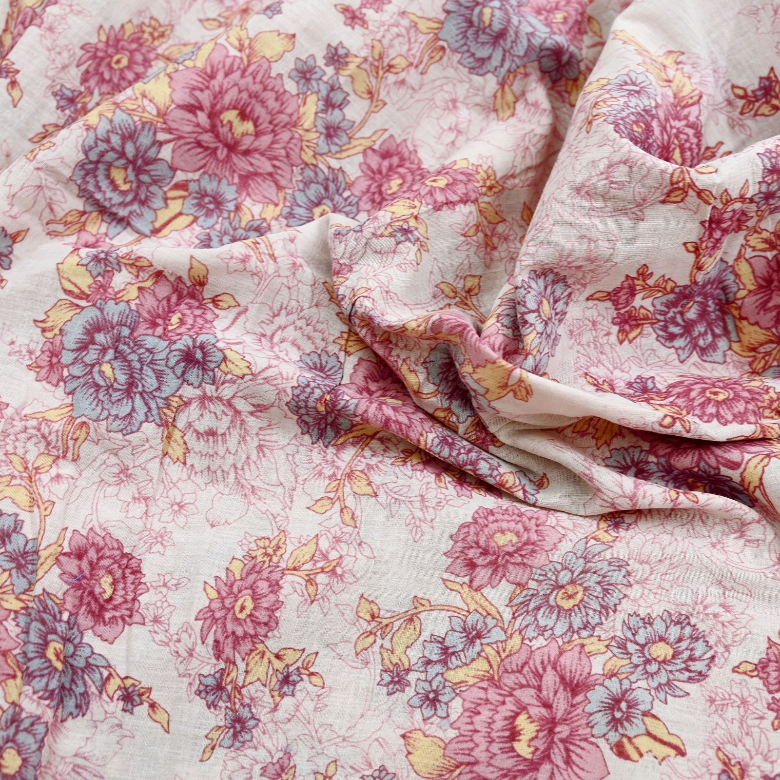 Vintage Sari Ivory & Pink Printed Blend Cotton Saree Craft Fabric 5Yd Soft Sewi