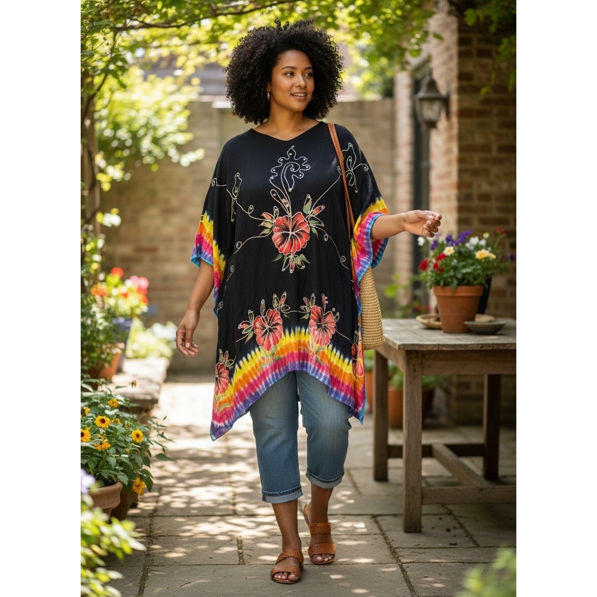 Island Planet Beaded Embroidered Floral Tie Dye Sequin Black Kaftan Cover Up OS