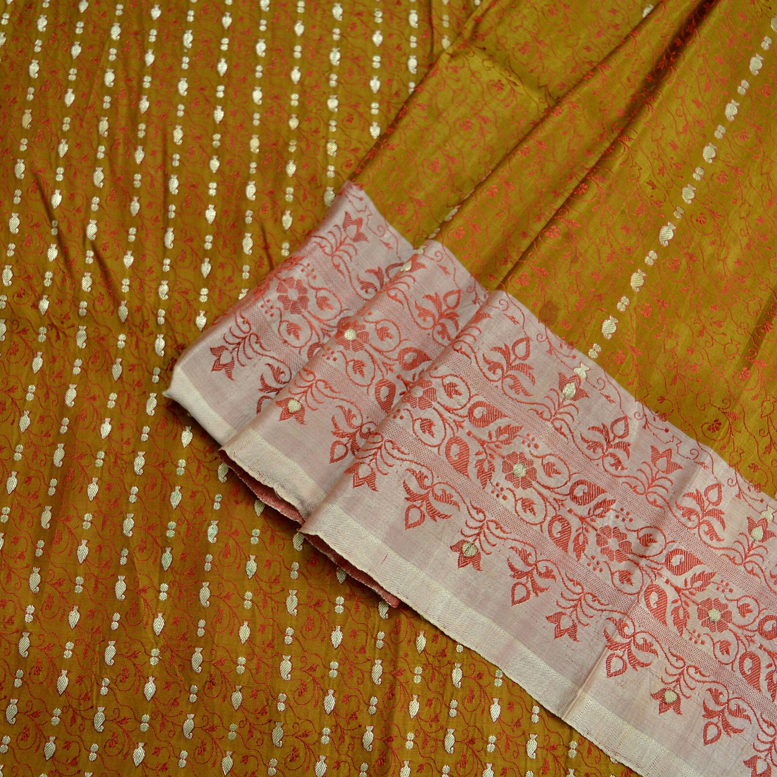 Vintage Sari Mustard Heavy Pure Satin Silk Hand Woven Brocade Sarees 5yd Ethnic