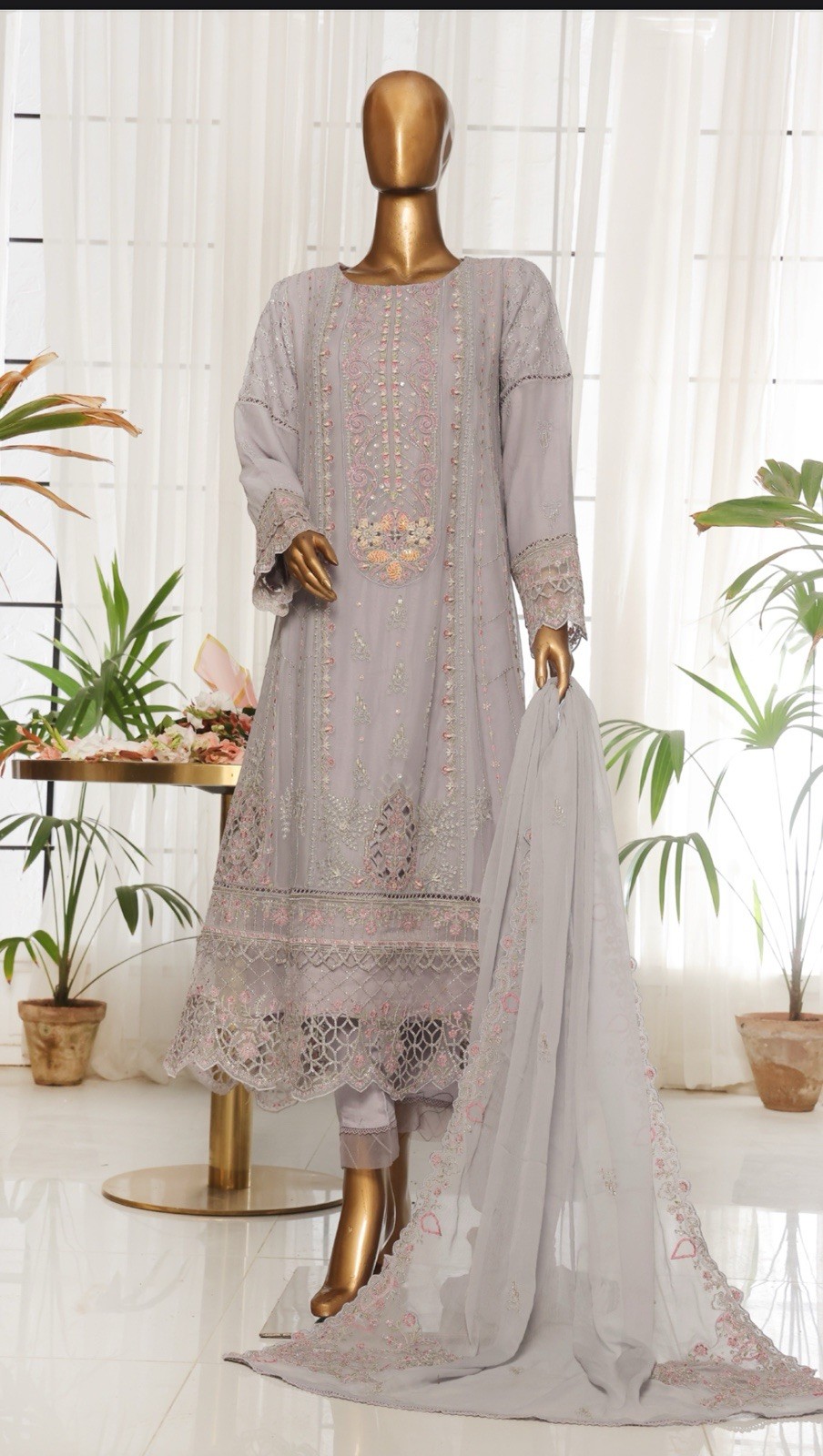 Lavender Pakistani Net Salwar Kameez with Embroidery & Dupatta for Women