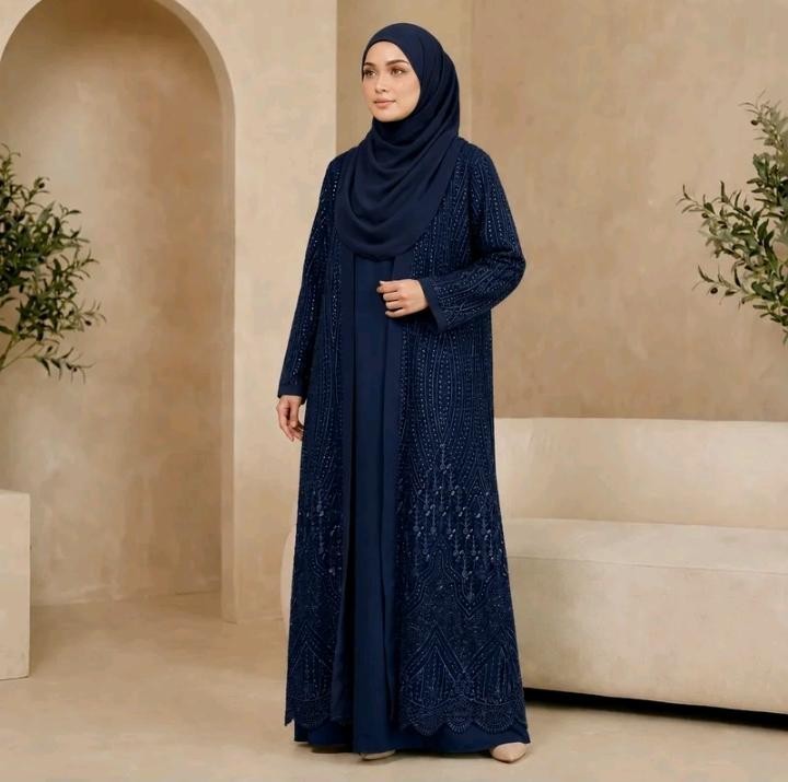 Exclusive Blue Colour Muslim Women Prayer Lace Abaya with Inner Jubah (2 in 1)