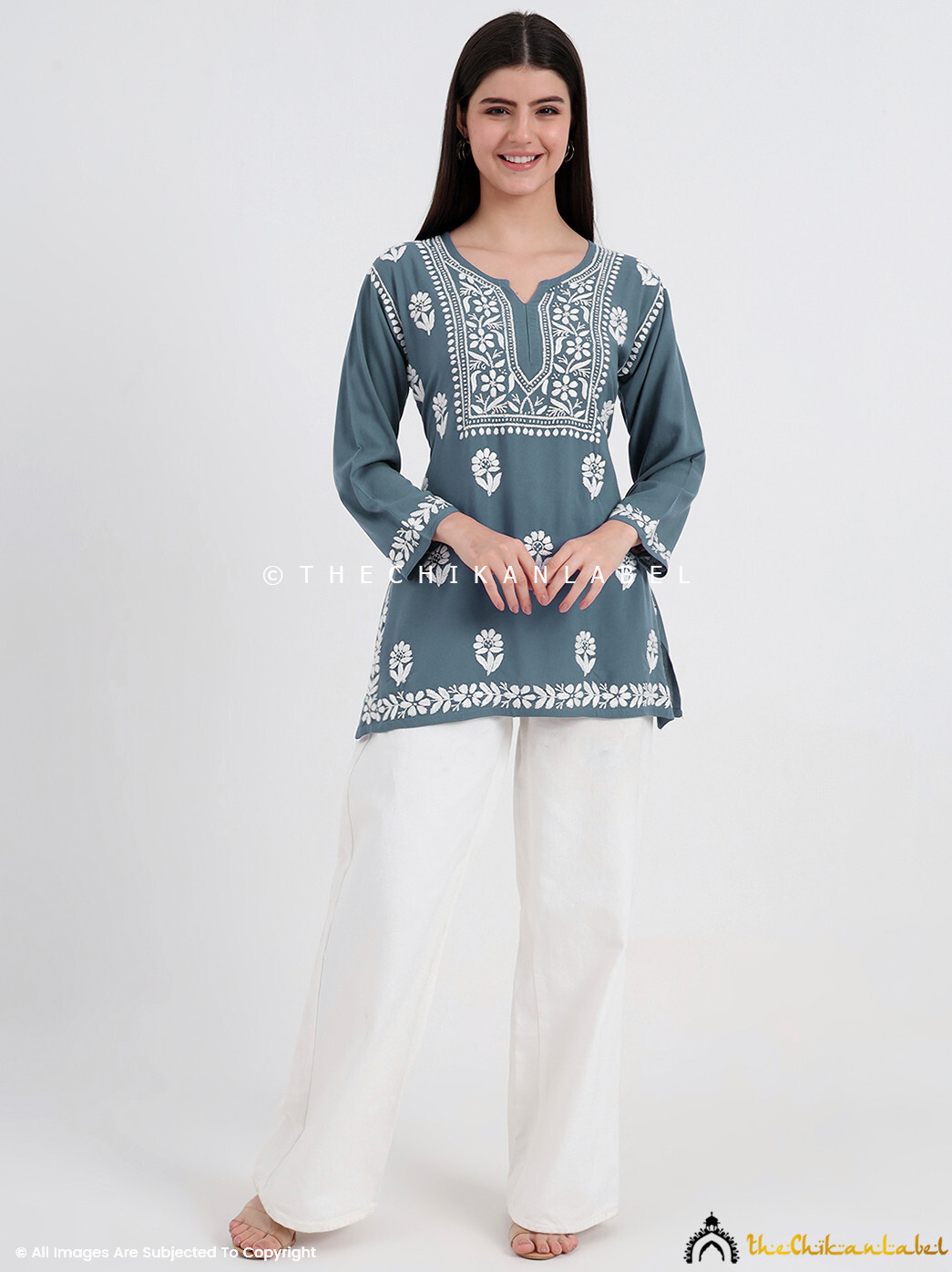 Gray Rayon Chikankari Short Top | Lightweight Indian Tunic | Casual Wear