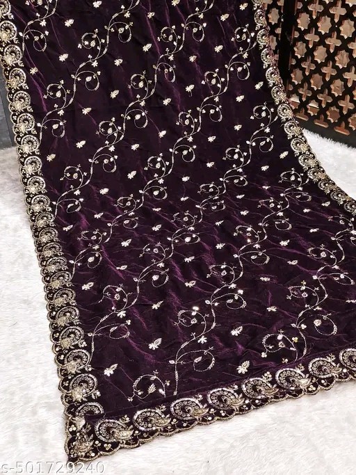 Purple / Wine Heavy Embroidery Velvet Dupatta For Bride And Women 2. Mtr