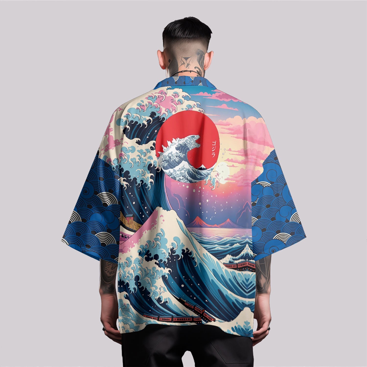 Niepce Men’s Japanese Graphic Lightweight Blue Waves Kimono Cardigan Shirt Top