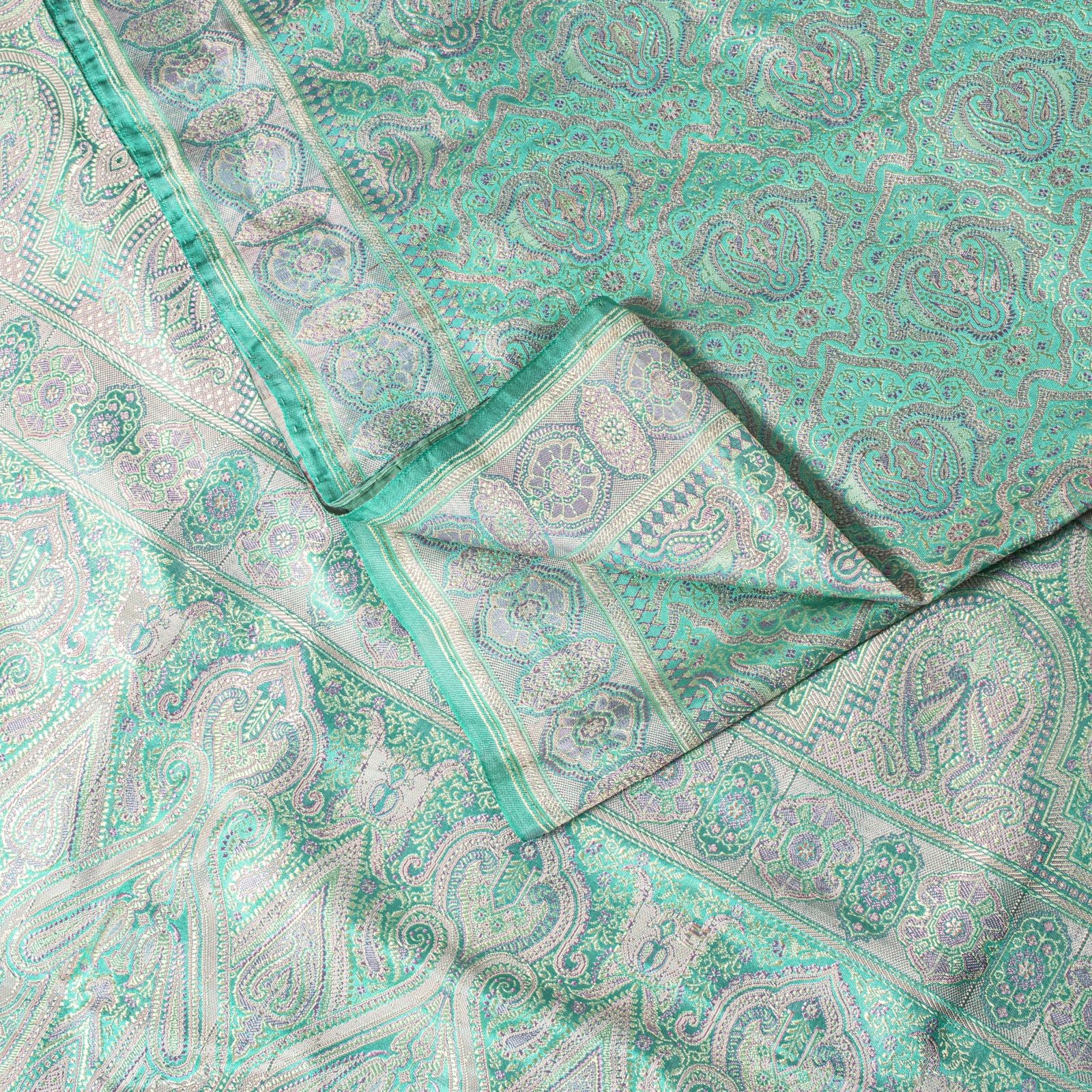 Sanskriti Vintage Green Pure Satin Saree Banarasi Brocade Tanchoi Handwoven Sari