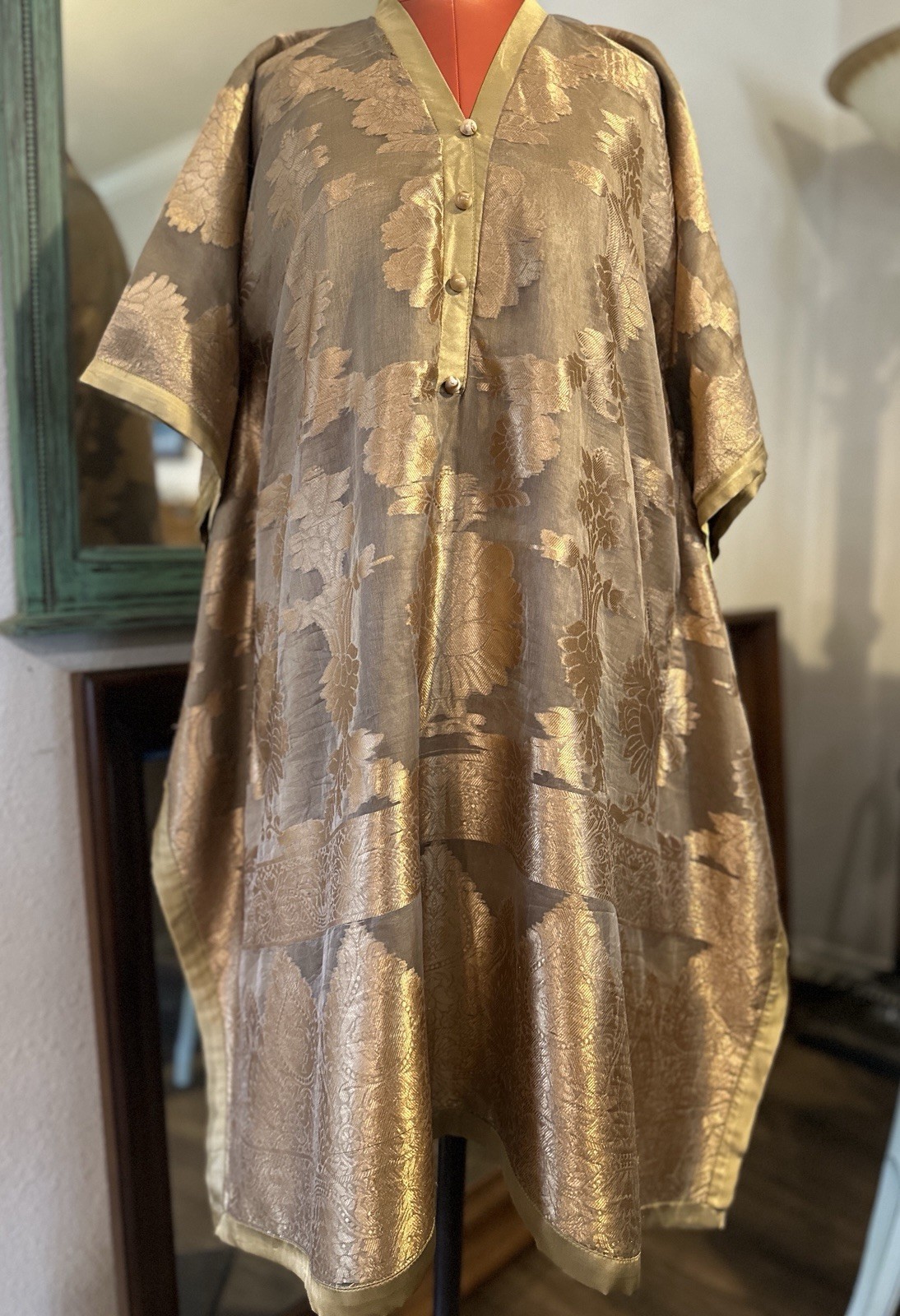 Gold & Beige Floral Pakistani kaftan Tunic Top with Button Neckline