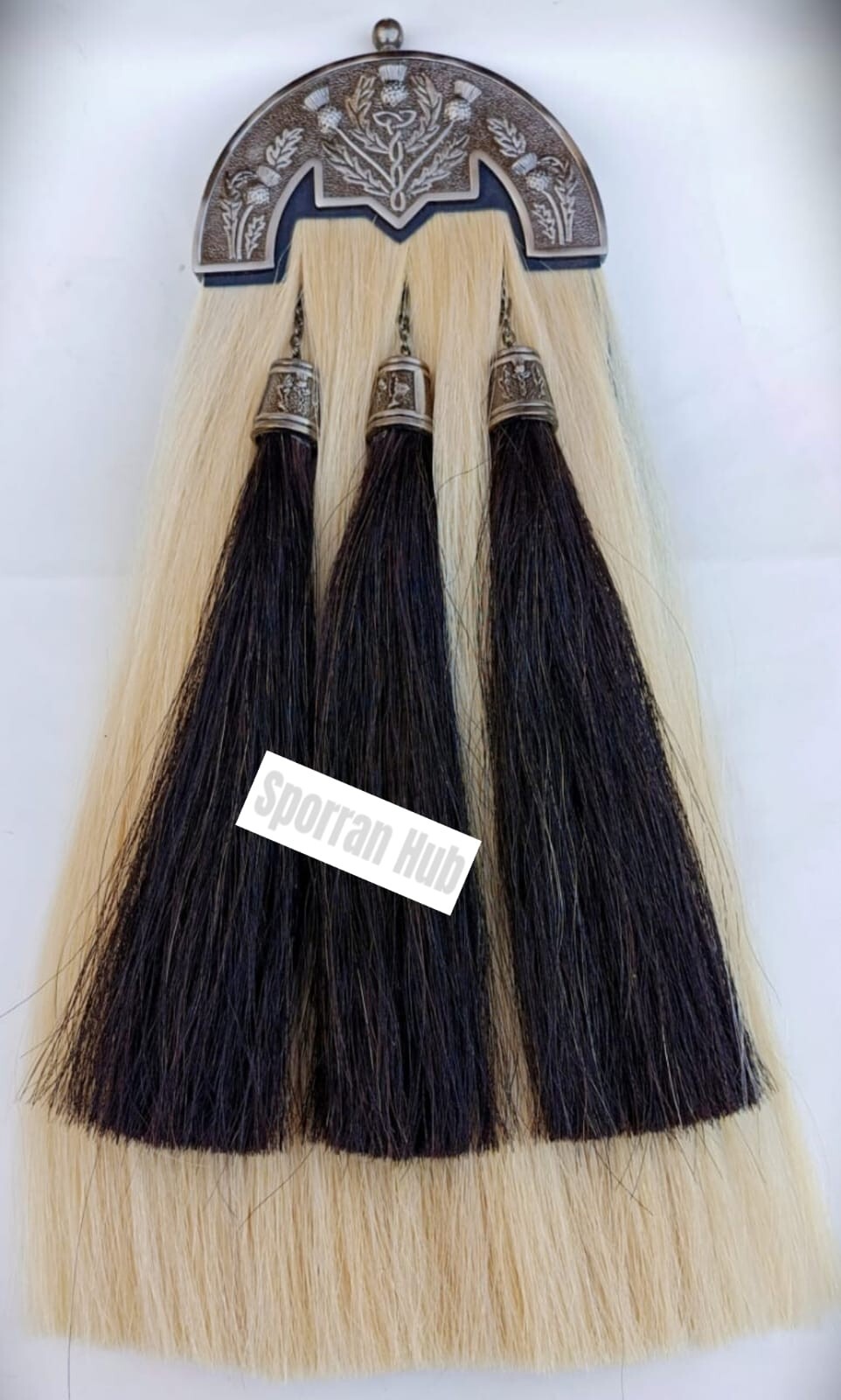 Original White Long Horse hair real Leather Sporran with antique Thistle Cantle