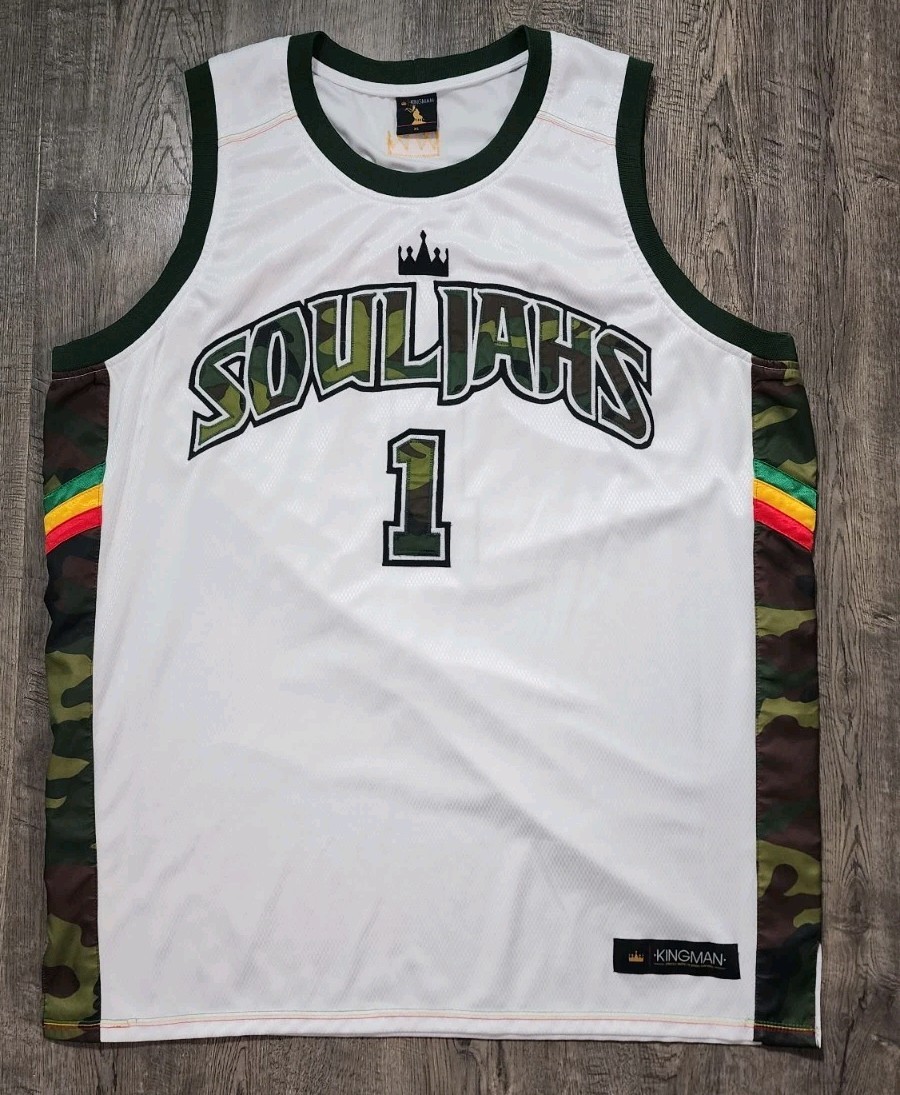 Kingman Roots Souljahs Basketball Jersey White Camo Rasta Men’s Size XL #1 Rare