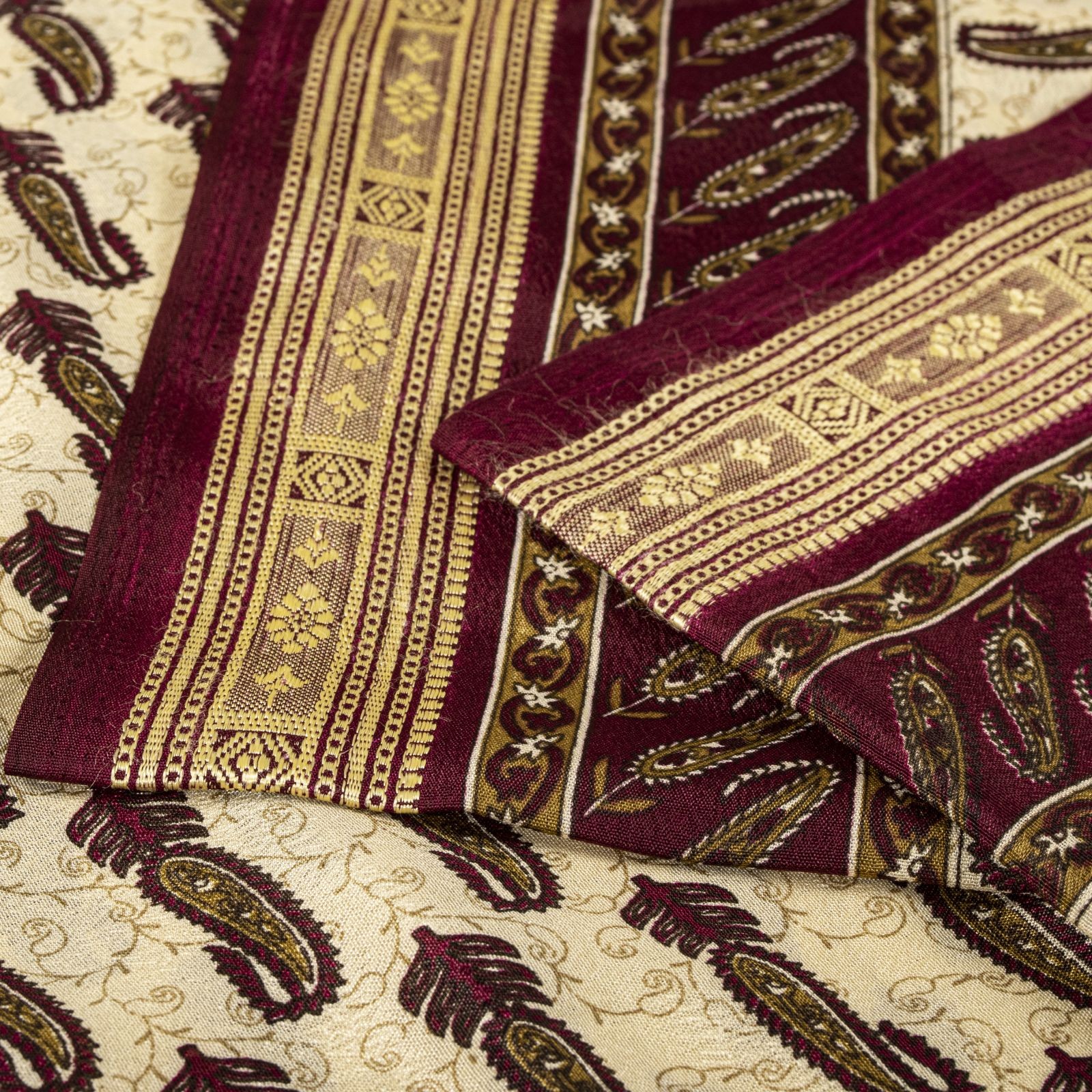 Sanskriti Vintage Beige-Wine Moss Crepe Saree Paisley Printed Fabric 6 Yard Sari
