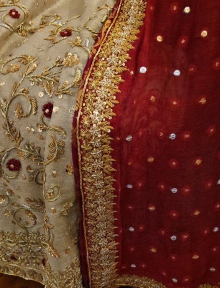 Elegant Handworked Kameez Set with Lace Border Dupatta in Deep Maroon & Beige
