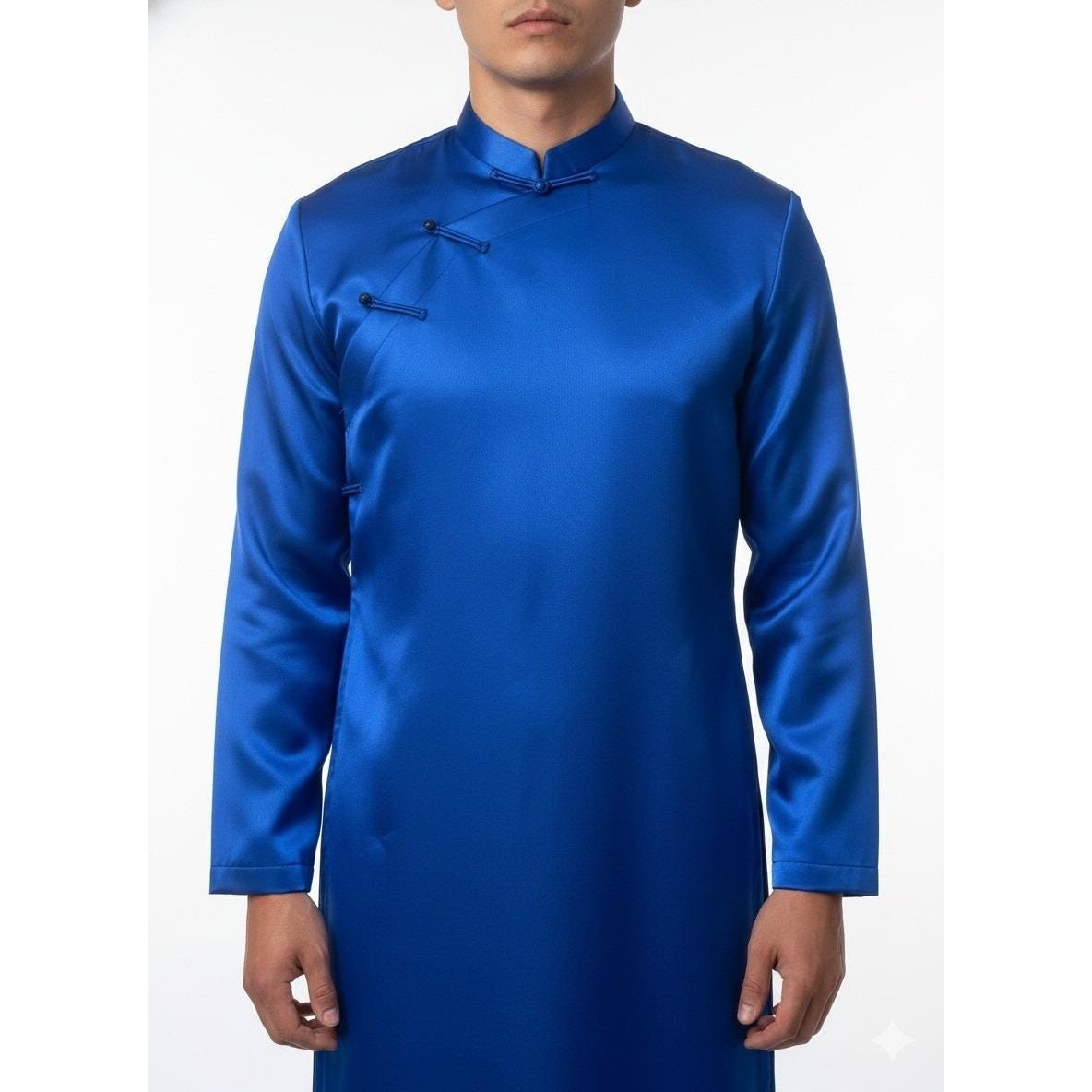Vietnamese Traditional Ao Dai Men M/L Blue Long Robe Wedding Tet Lunar New Year
