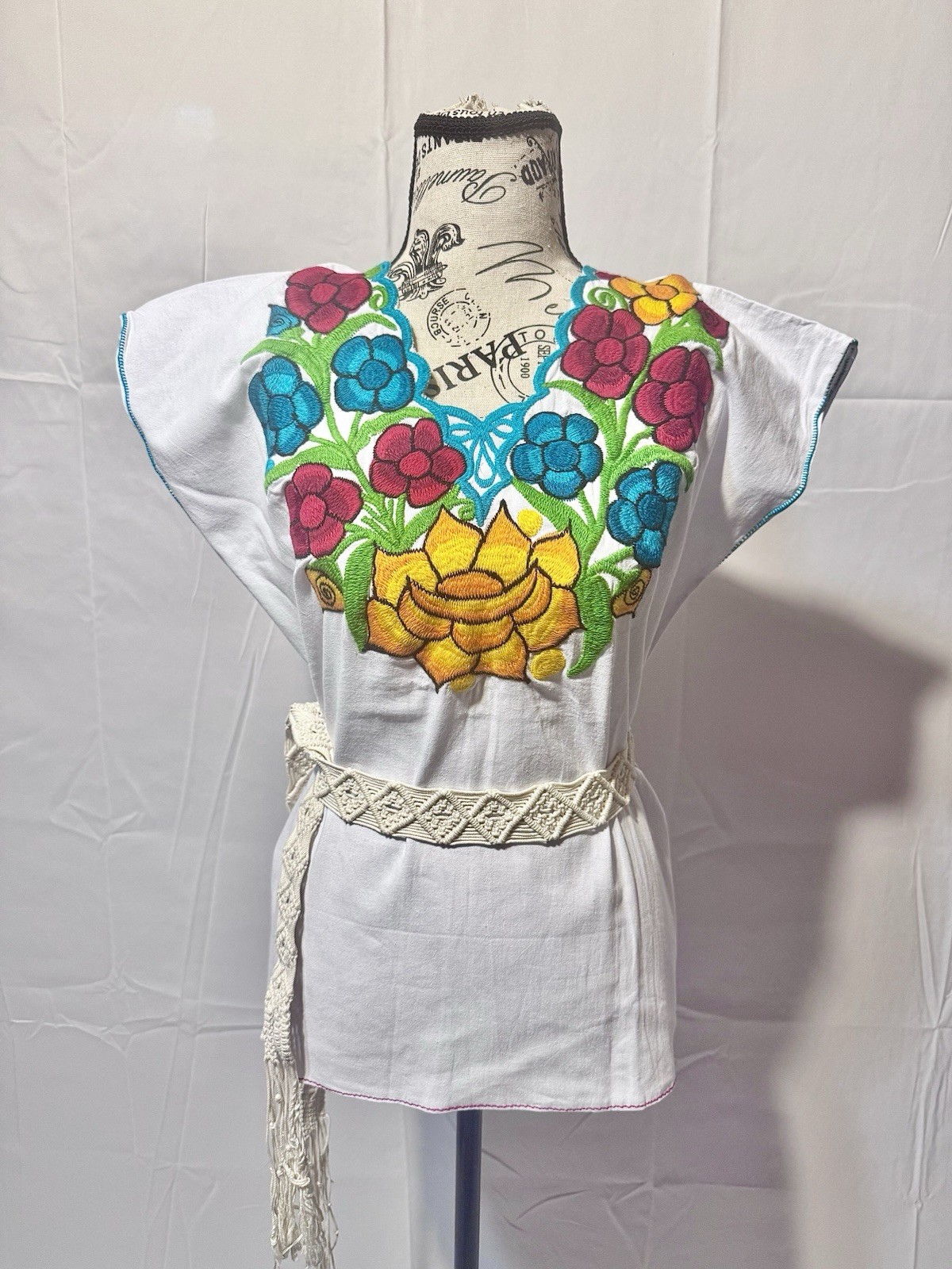 Handmade Women’s Mexican Huipil Tunic Top, Woven Cotton, Multi-Color, One Size