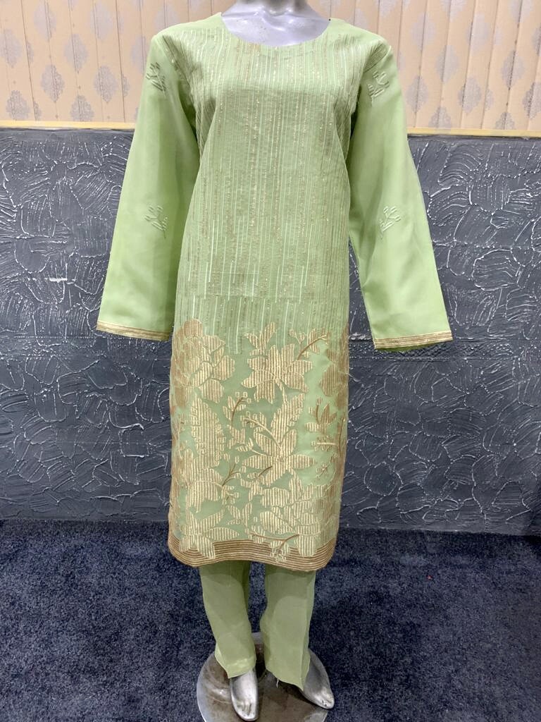 Pakistani Pista Green Organza Straight Shirt Suit, Fancy Threadwork and Sequins