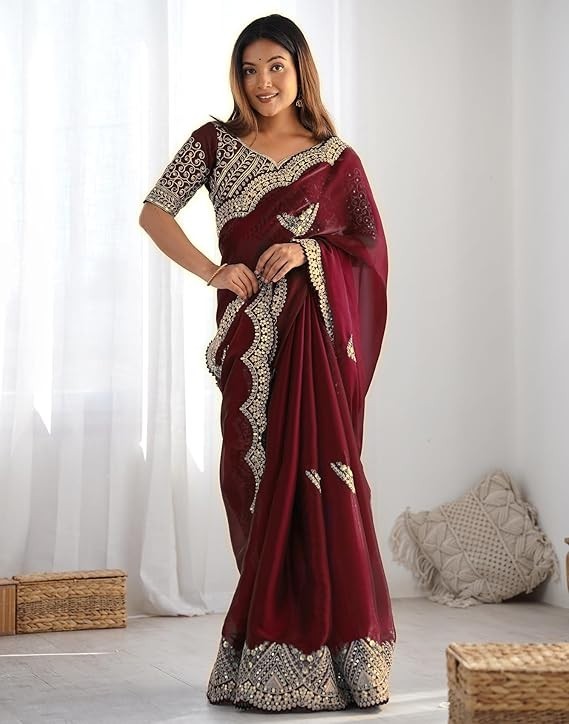 Women’s Tissue Soft Silk Embroidered Saree With Unstitched Blouse Piece