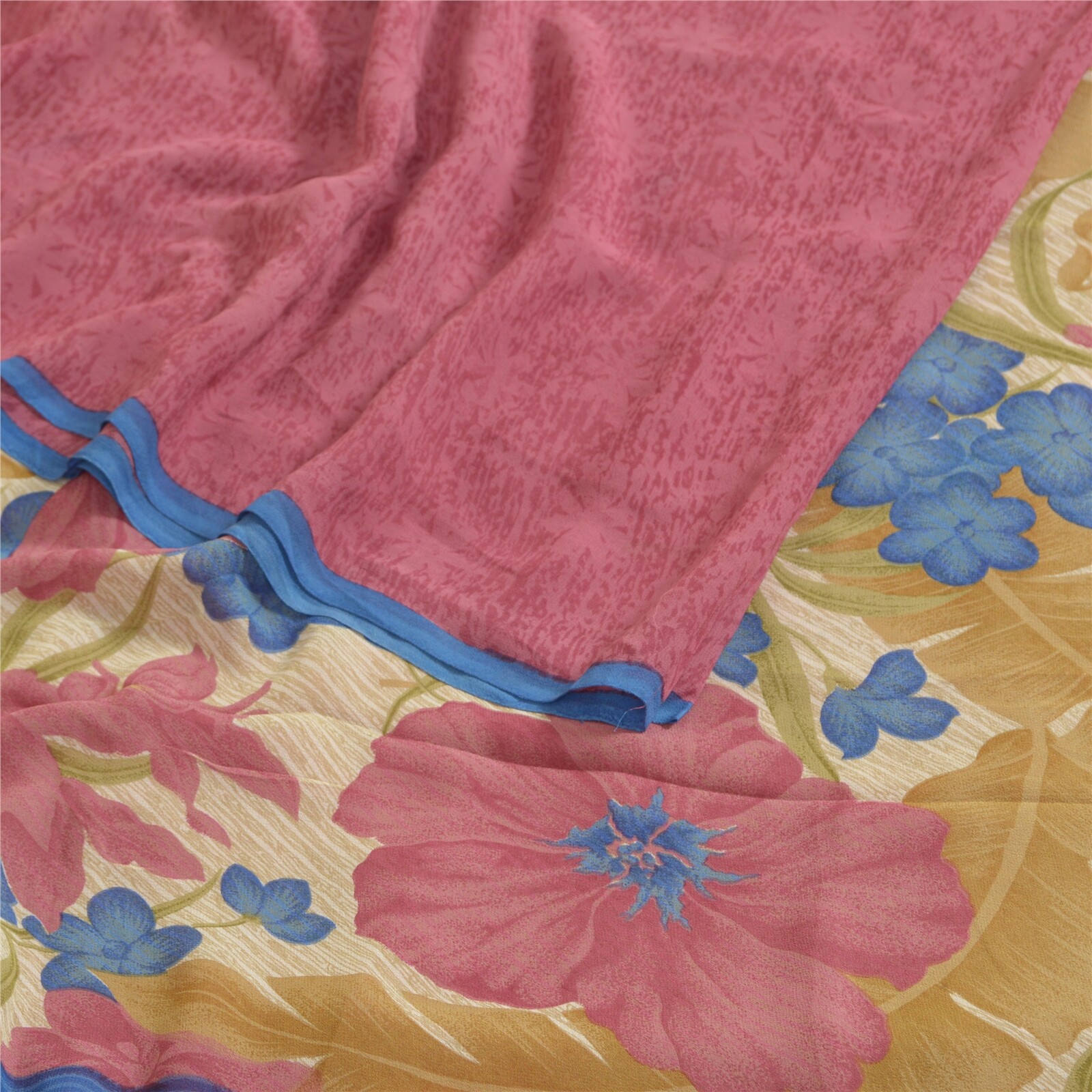 Sanskriti Vintage Sarees Pink/Cream Pure Georgette Silk Print Sari Craft Fabric