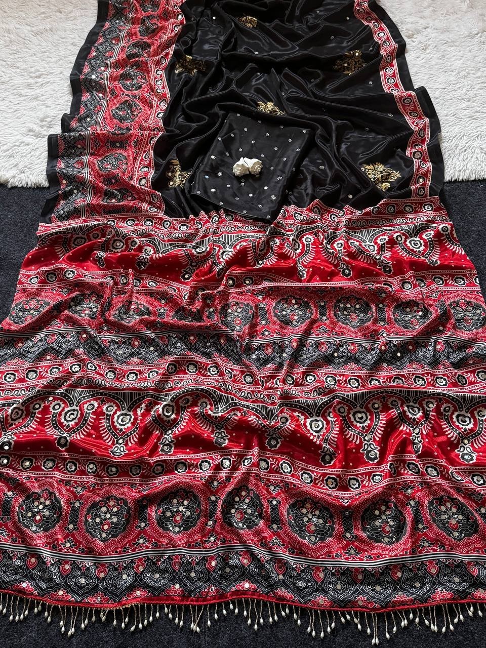 Indian Designer Party Wear Ajarakh Print Saree Blouse Mirror Real Moti work Sari