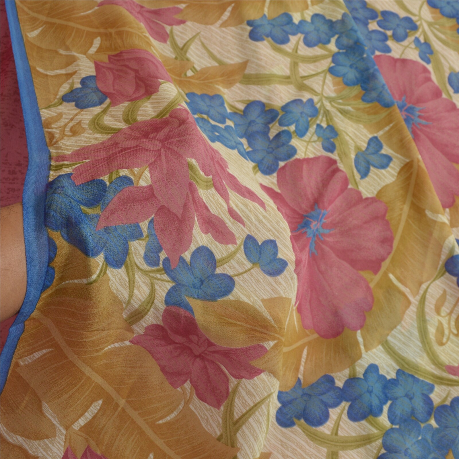 Sanskriti Vintage Sarees Pink/Cream Pure Georgette Silk Print Sari Craft Fabric