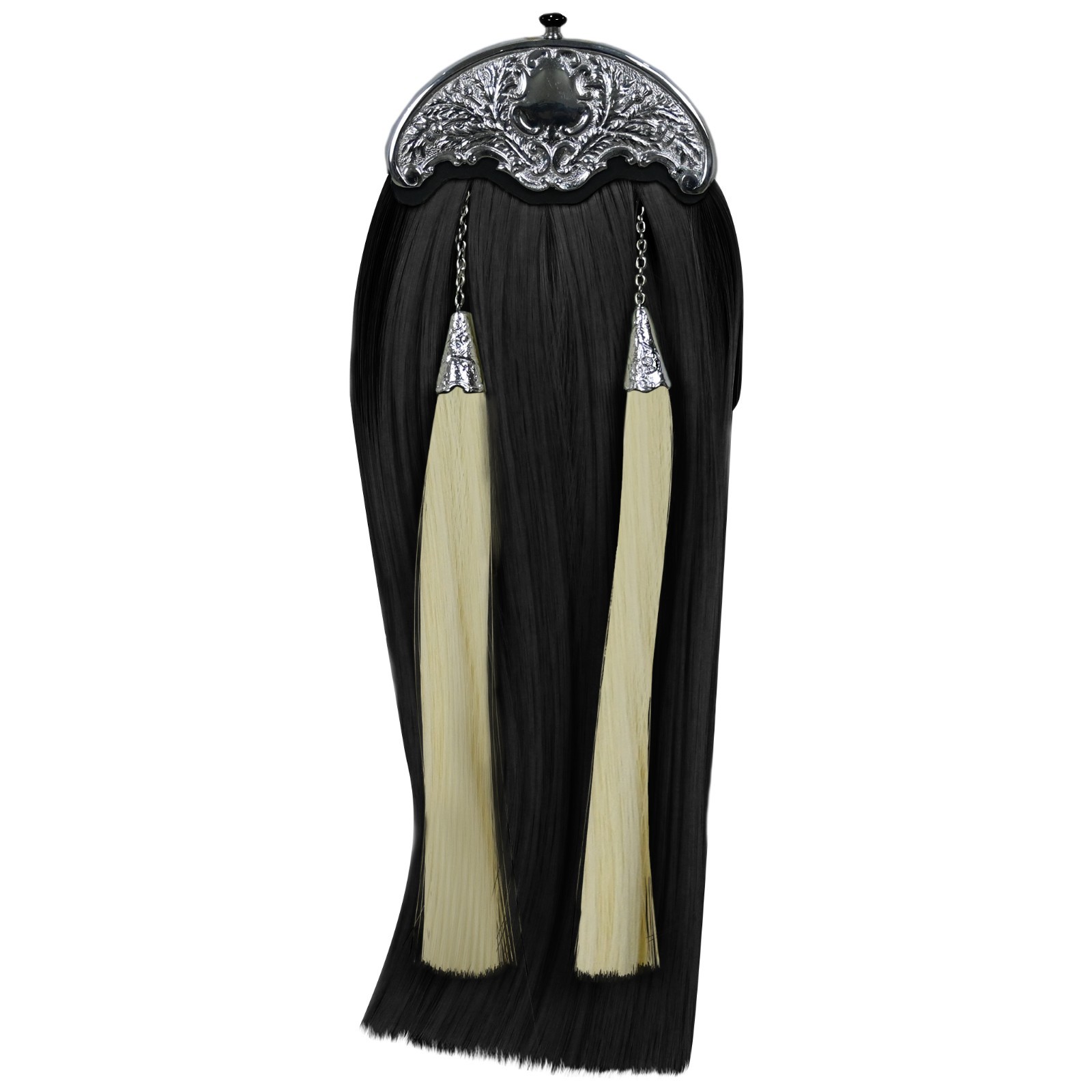Mens Traditional Scottish Kilt Sporran Faux Horse Hair Black with White Tassels
