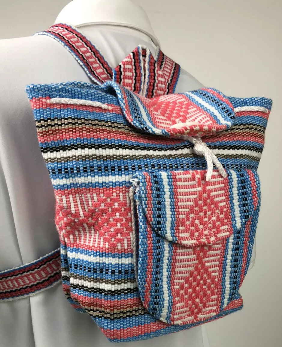 MINI BACKPACK PINZON HIPPIE GEAR,MEXICAN MADE,SURF GEAR,BEACH BAG BLUE PINK NWOT