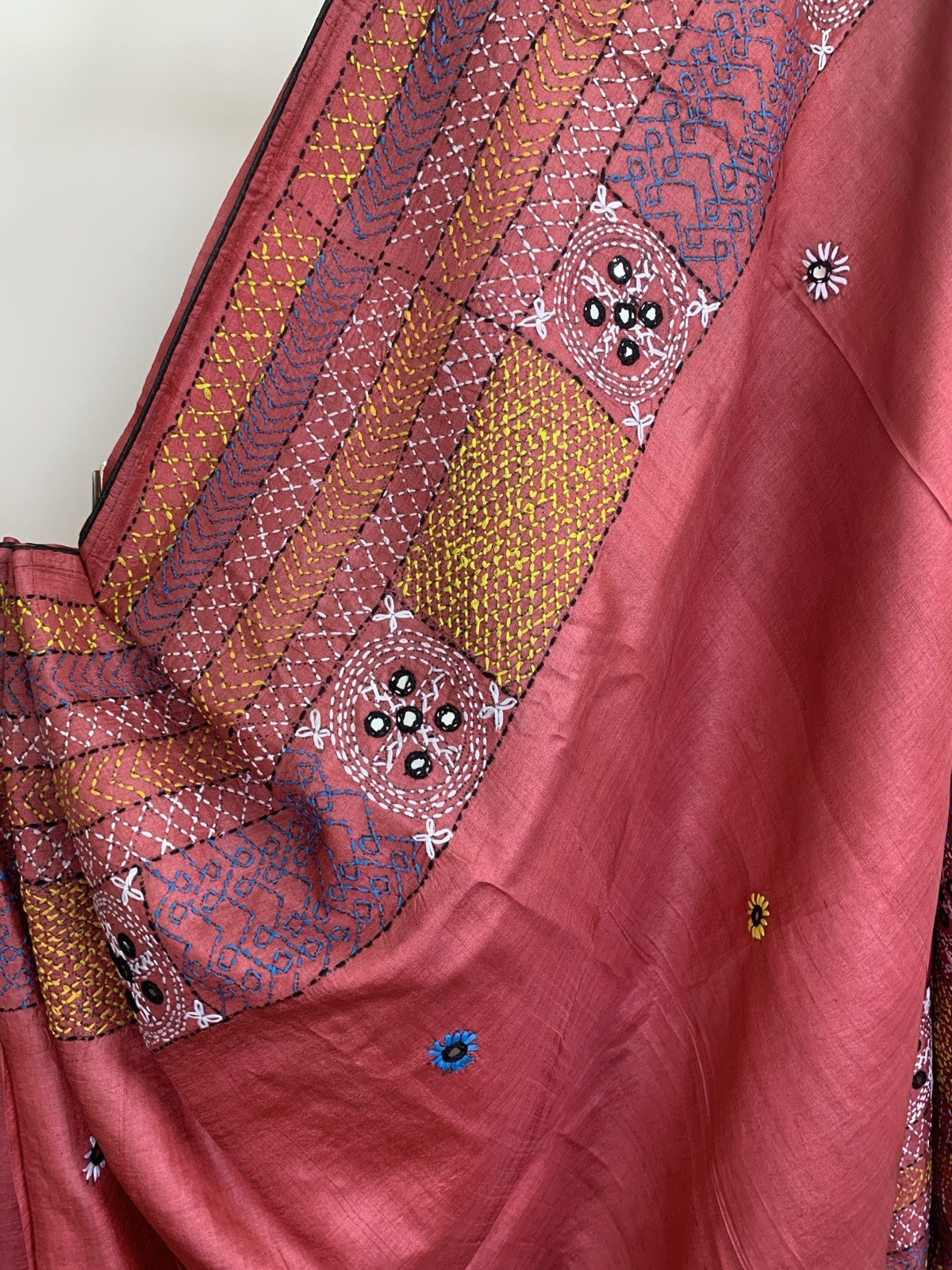 Red Hand Embroidery Kutch Tussar Silk Saree Festival party wear For Women