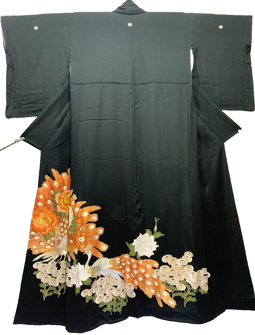 Vintage Silk Kurotomesode Kimono Peacock Embroidery Gold S 25.2in Yuki Japan