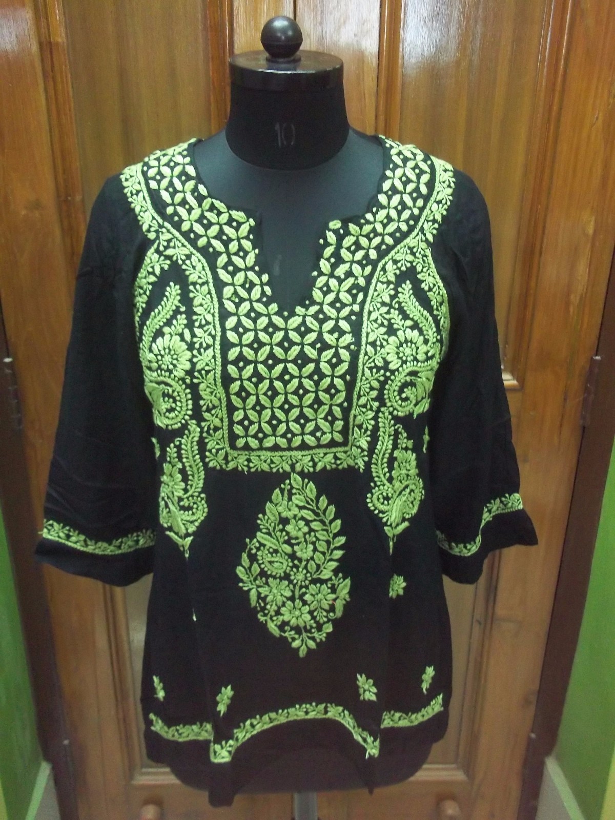 S 38″ HANDMADE CHIKAN EMBROIDERY RAYON COTTON TUNIC TOP ETHNIC KURTA KURTI DRESS