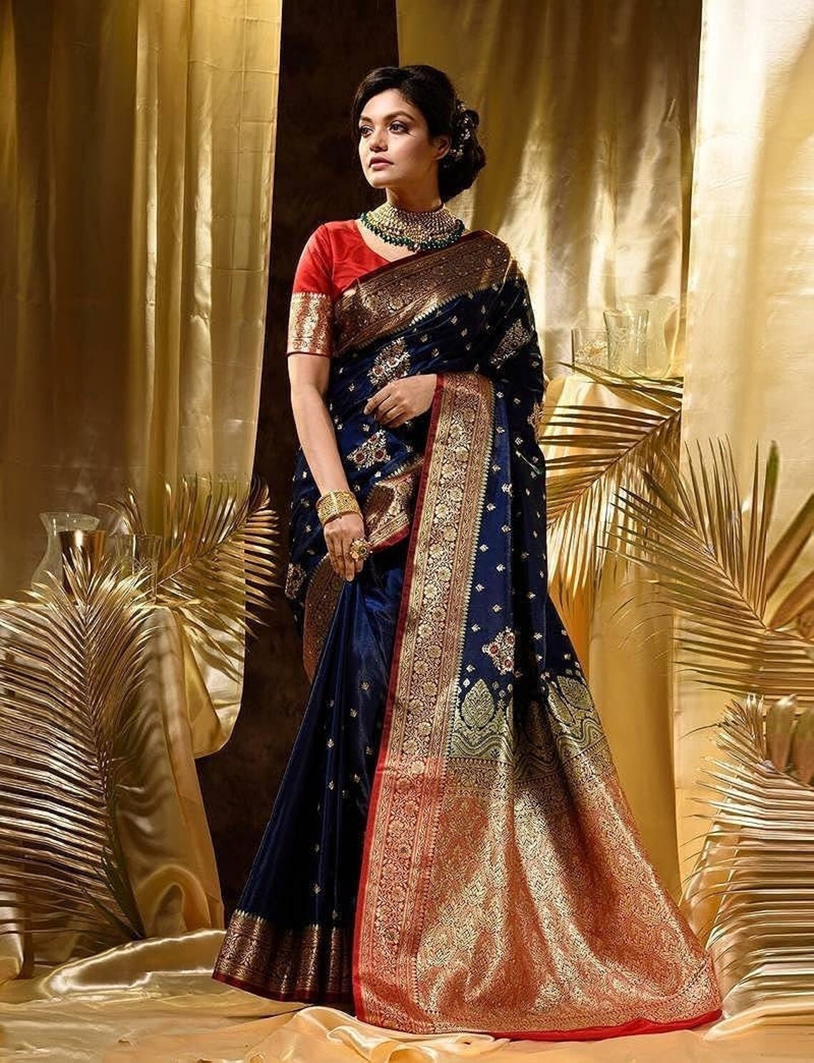 Women’s Soft Lichi Silk Banarasi Kanjivaram Saree With Blouse Piece, Blue Color