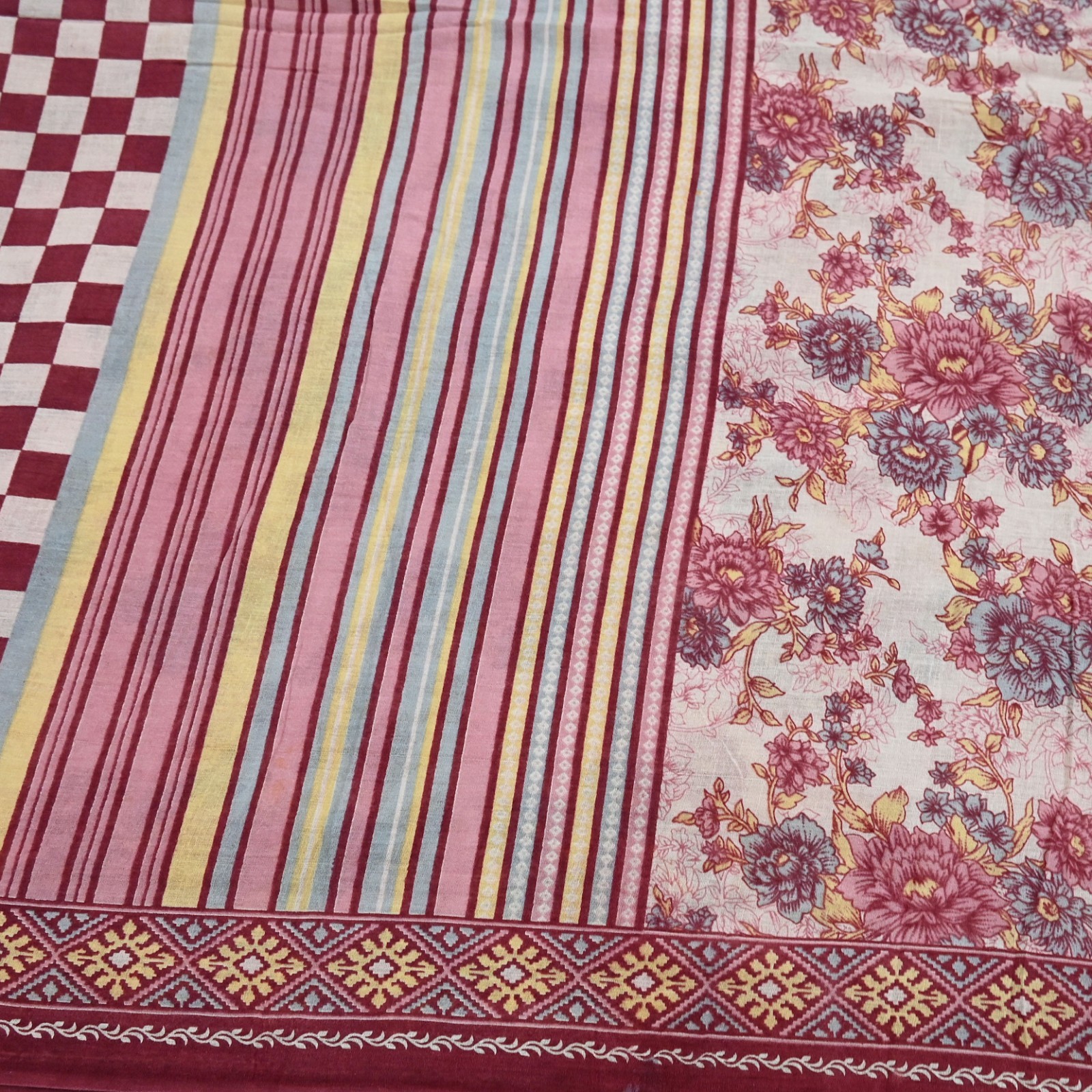 Vintage Sari Ivory & Pink Printed Blend Cotton Saree Craft Fabric 5Yd Soft Sewi