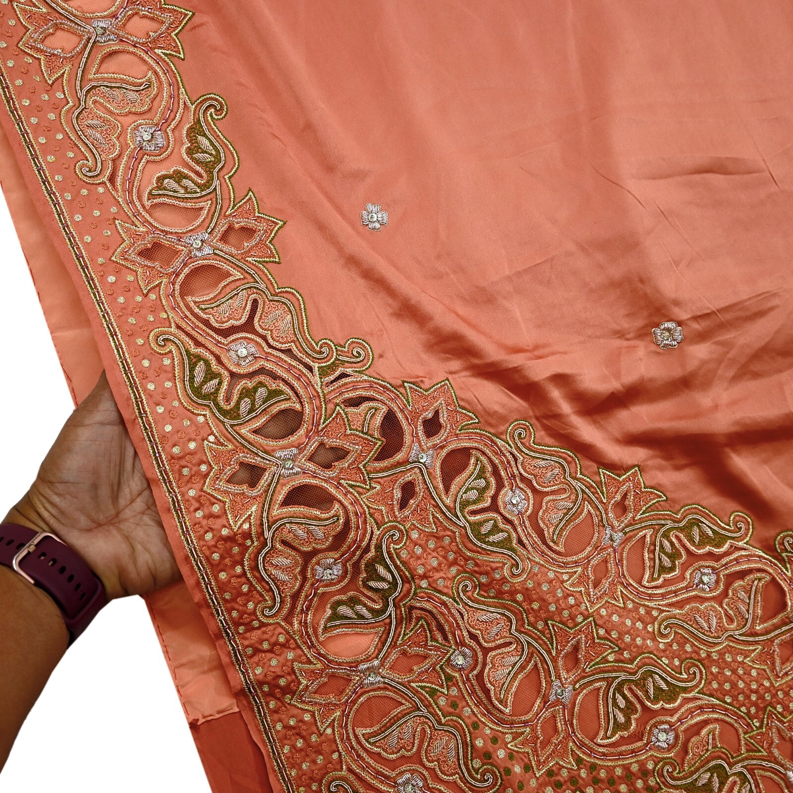 Vintage Heavy Peach Sari Hand Embroidered Saree Pure Satin Silk 5yd Ethnic Dabka