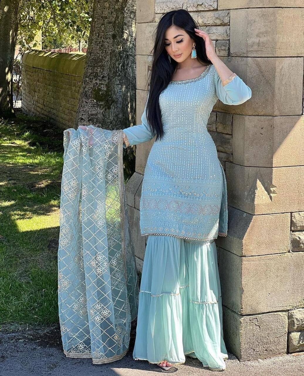 Stylish Faux Georgette Palazzo Suit And Sky Blue Dupatta For Indian Functional