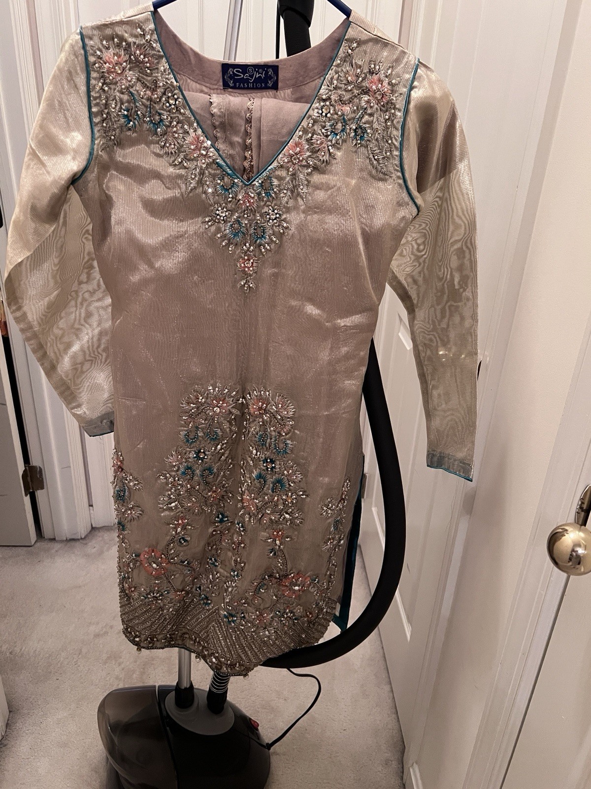 Sajni Fashion Women’s S Gold Embroidered Net Salwar Kameez Set
