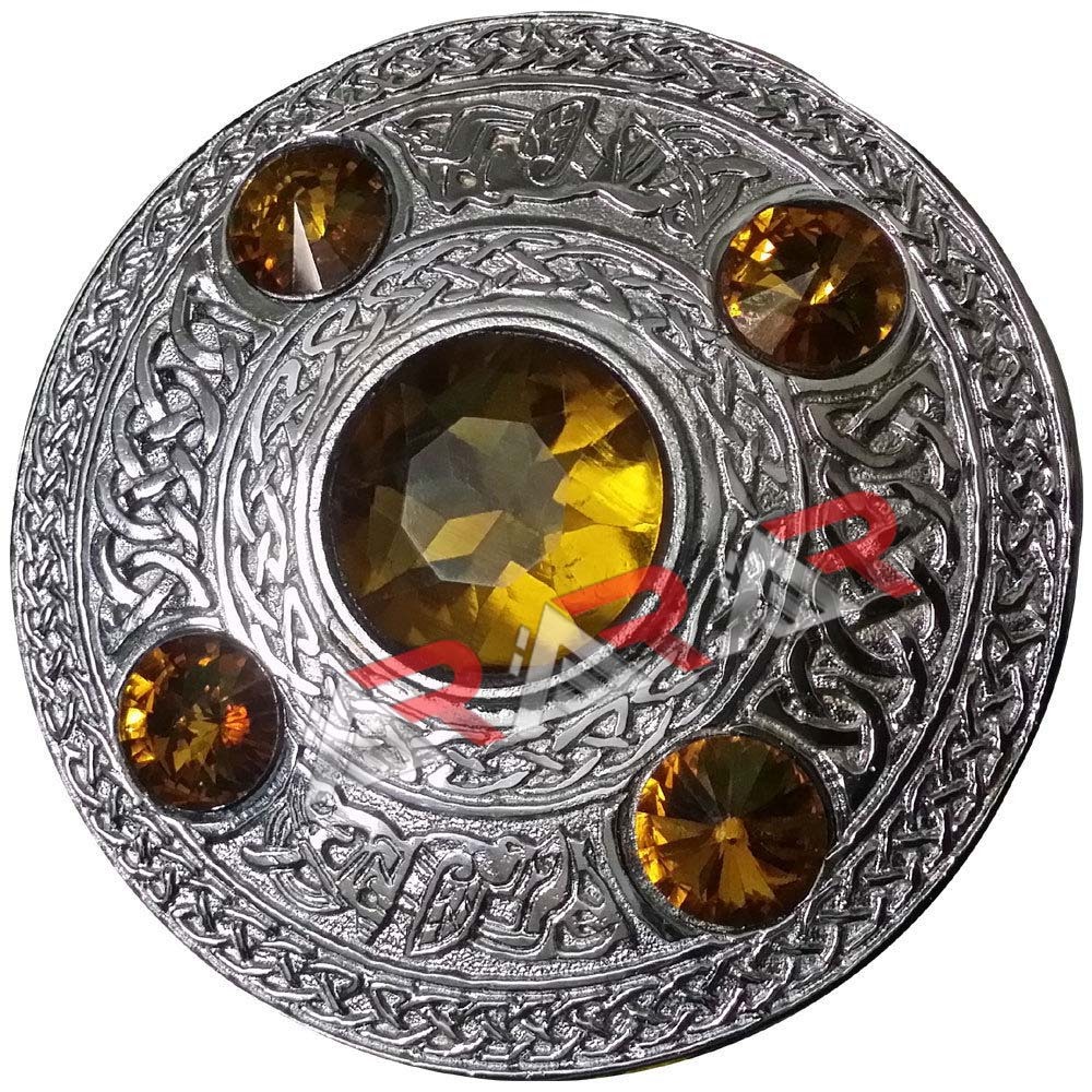 Scottish Men’s Kilt Fly Plaid Brooch Highland Celtic Yellow Stones Silver 4″ AAR