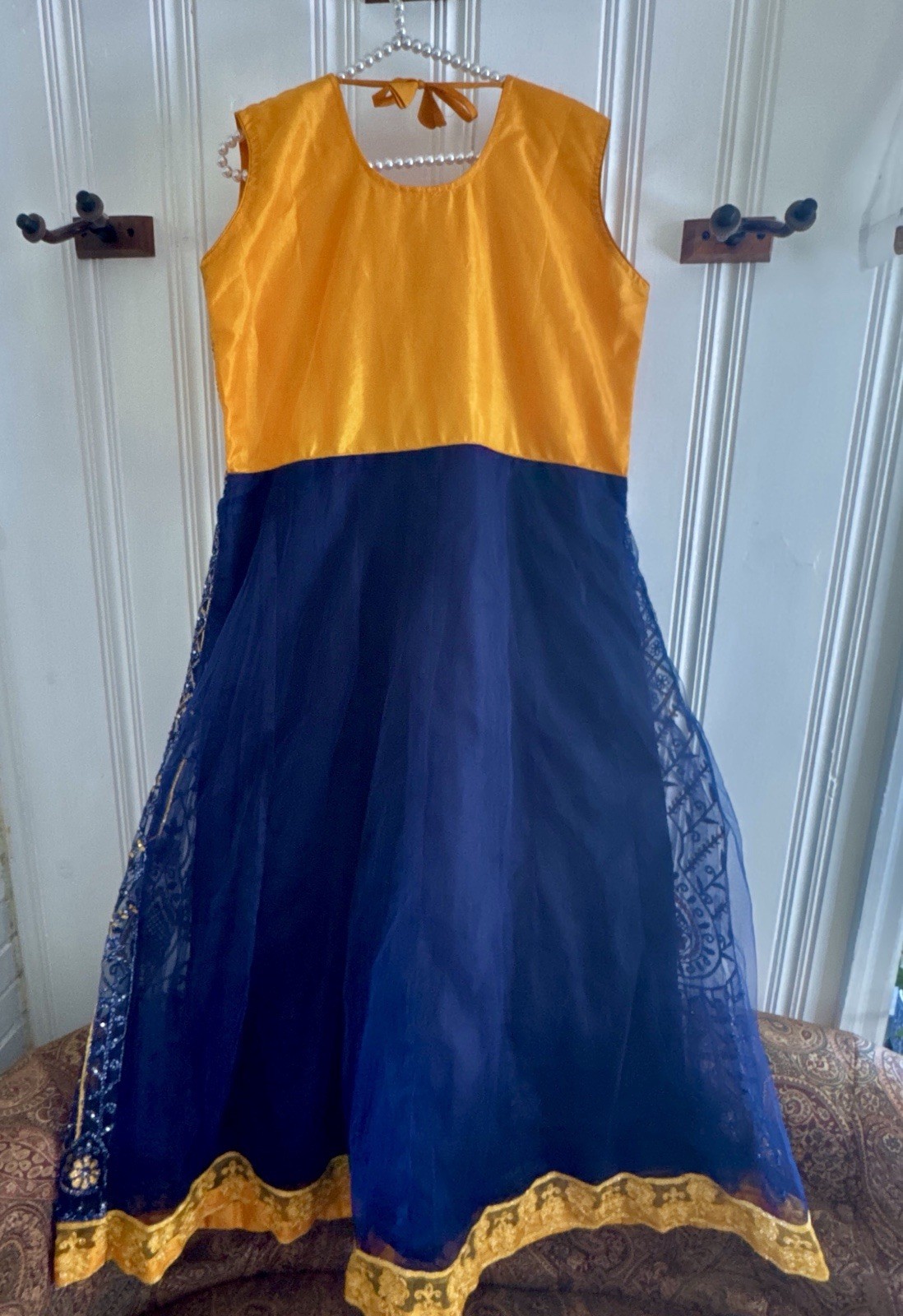Handmade Anarkali Women’s XL Blue Gold Net Cotton Blend Salwar Kameez Dress