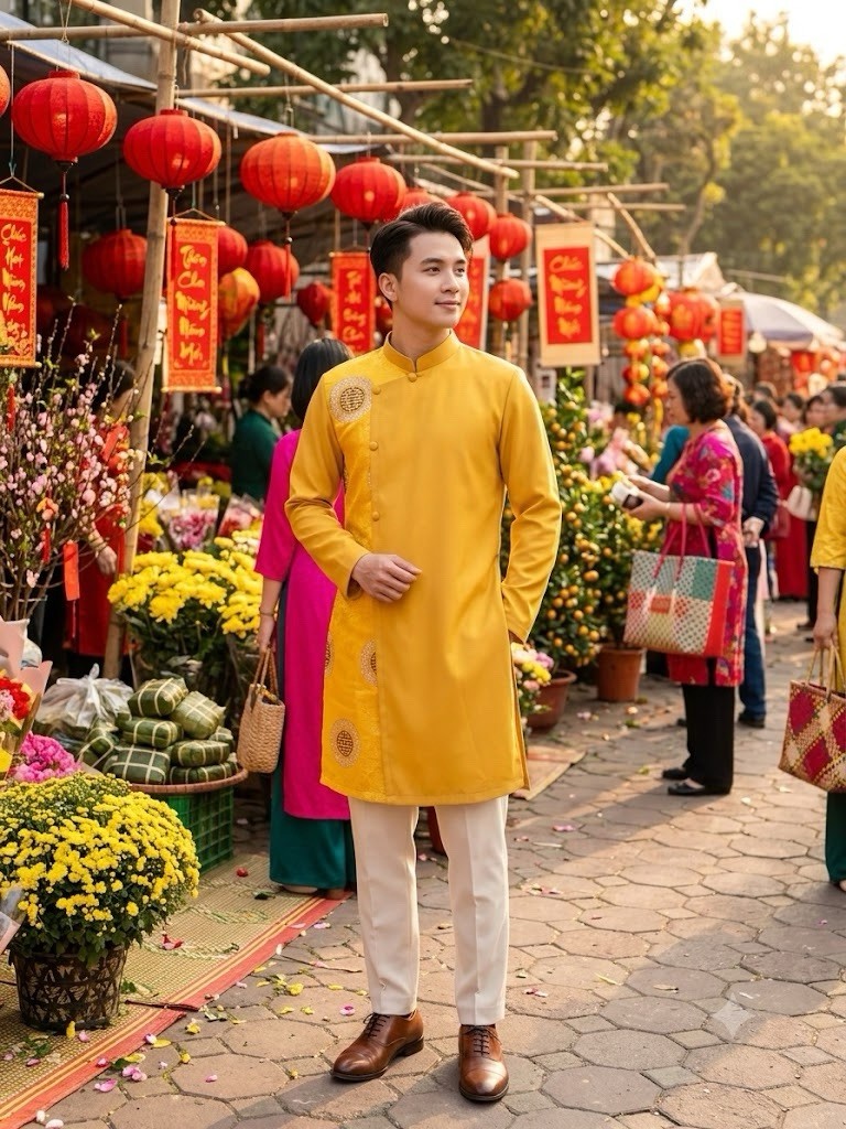 Men Vietnamse Ao Dai Cách Tân Nam Chất Liệu Vải Tatta Cao Cap Size S M L