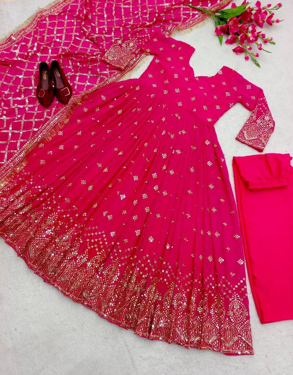 Heavy Faux Georgette Pink Gown Bottom With Dupatta For Functional Wear