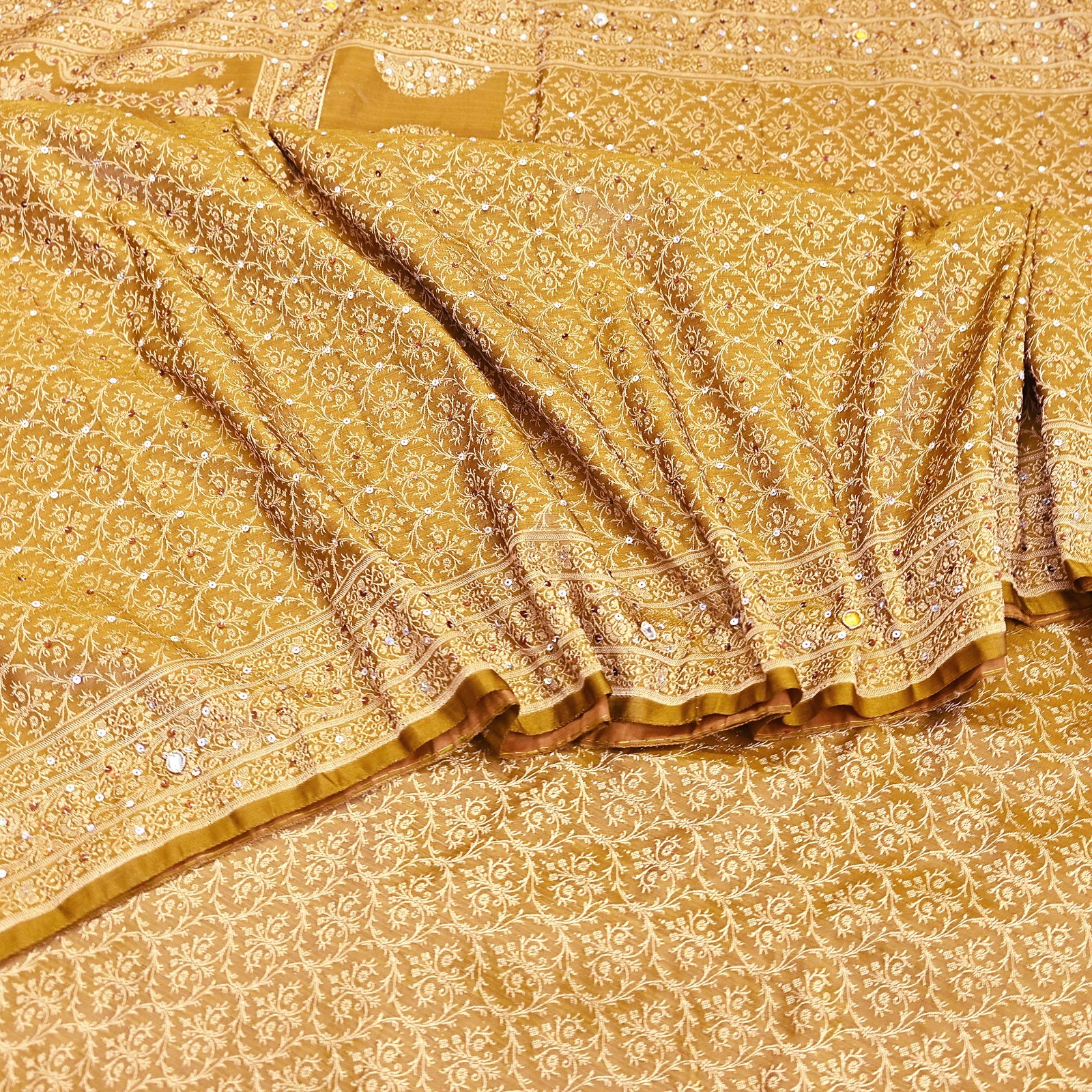 Vintage Green Banarasi Silk Saree Pure Satin Silk Handwoven Tanchoi sari Fabric