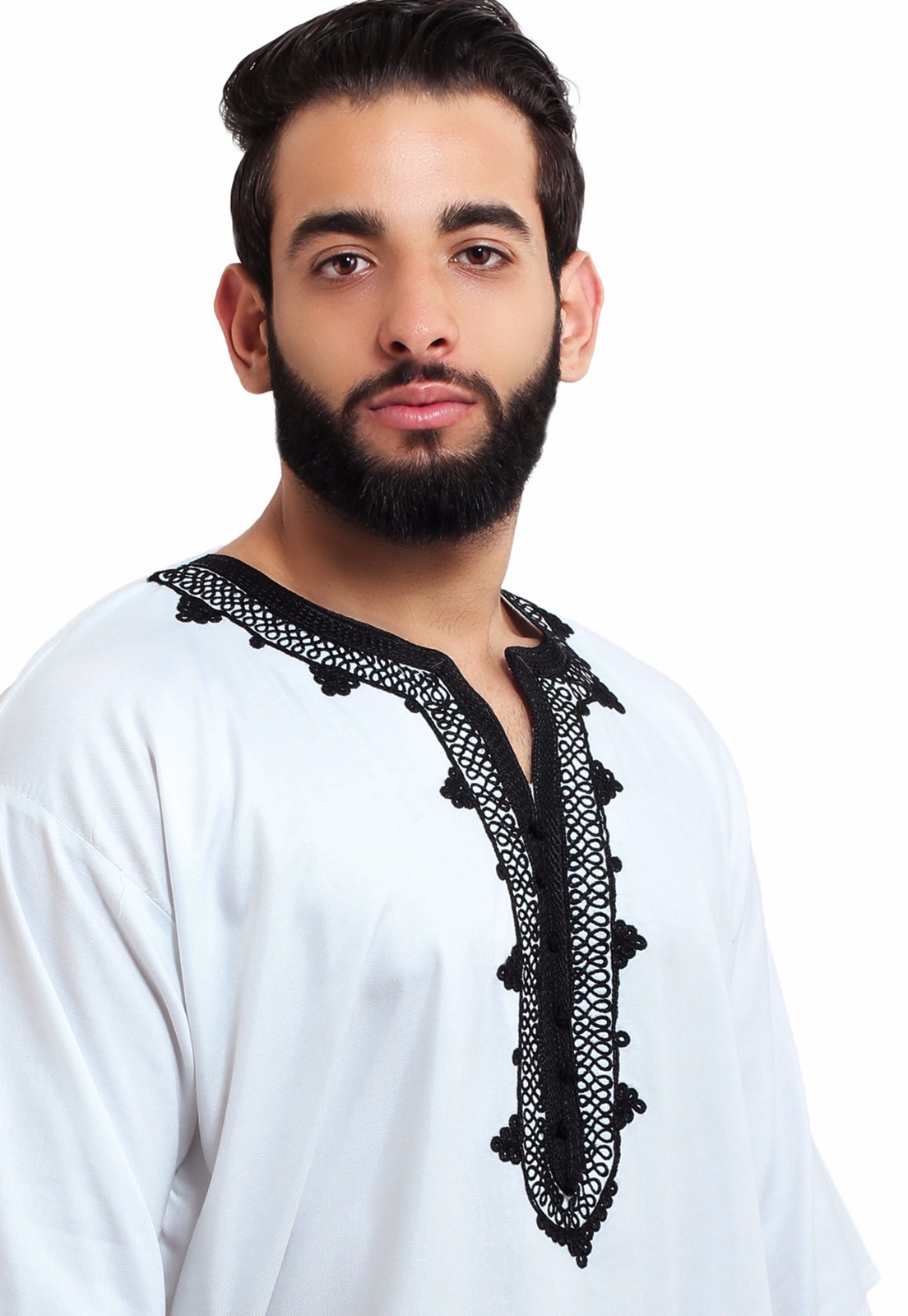 Moroccan Men Tunic Shirt Cafan Casual Handmade Embroidered Cotton Large White