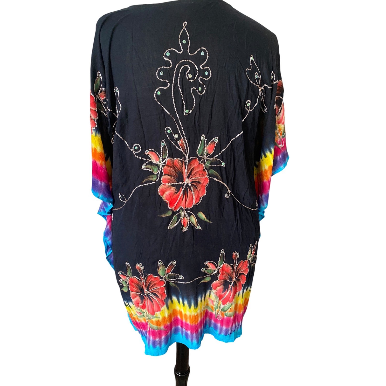 Island Planet Beaded Embroidered Floral Tie Dye Sequin Black Kaftan Cover Up OS