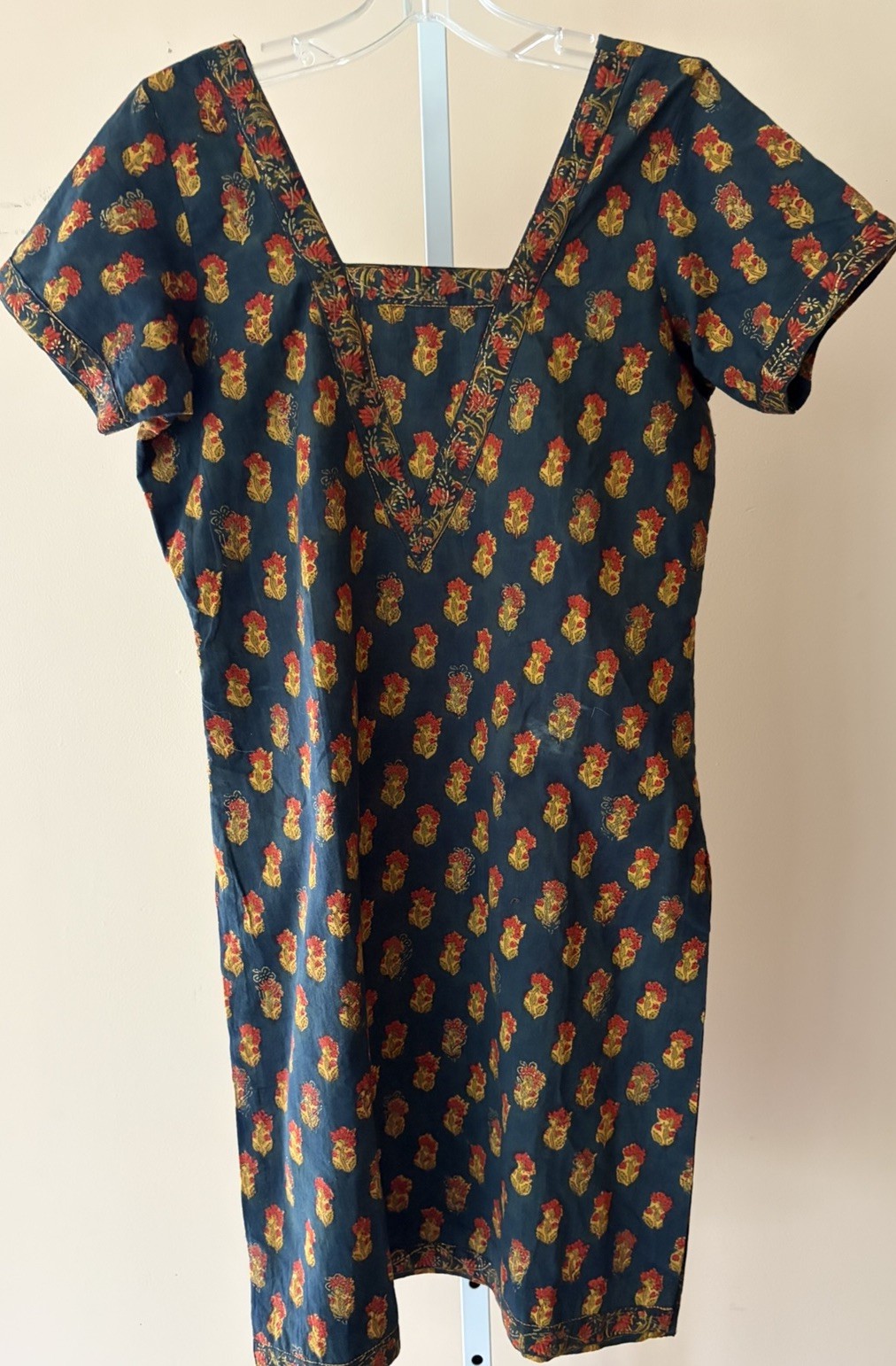 Hand Embroidered Indian Kurti Navy Beaded Tunic Dress Slit Sides Sz M Simple
