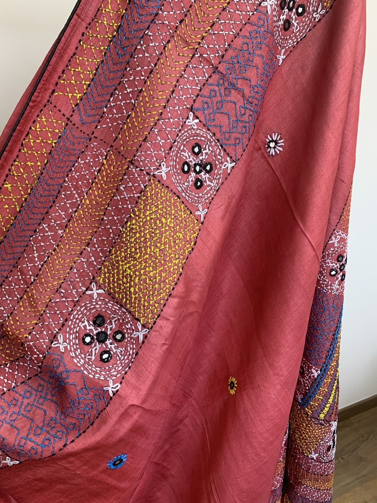 Red Hand Embroidery Kutch Tussar Silk Saree Festival party wear For Women